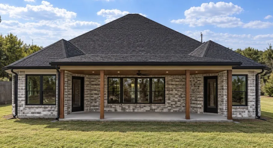 Expansive back patio with a ceiling fan and recessed lighting, supported by wood-finish columns