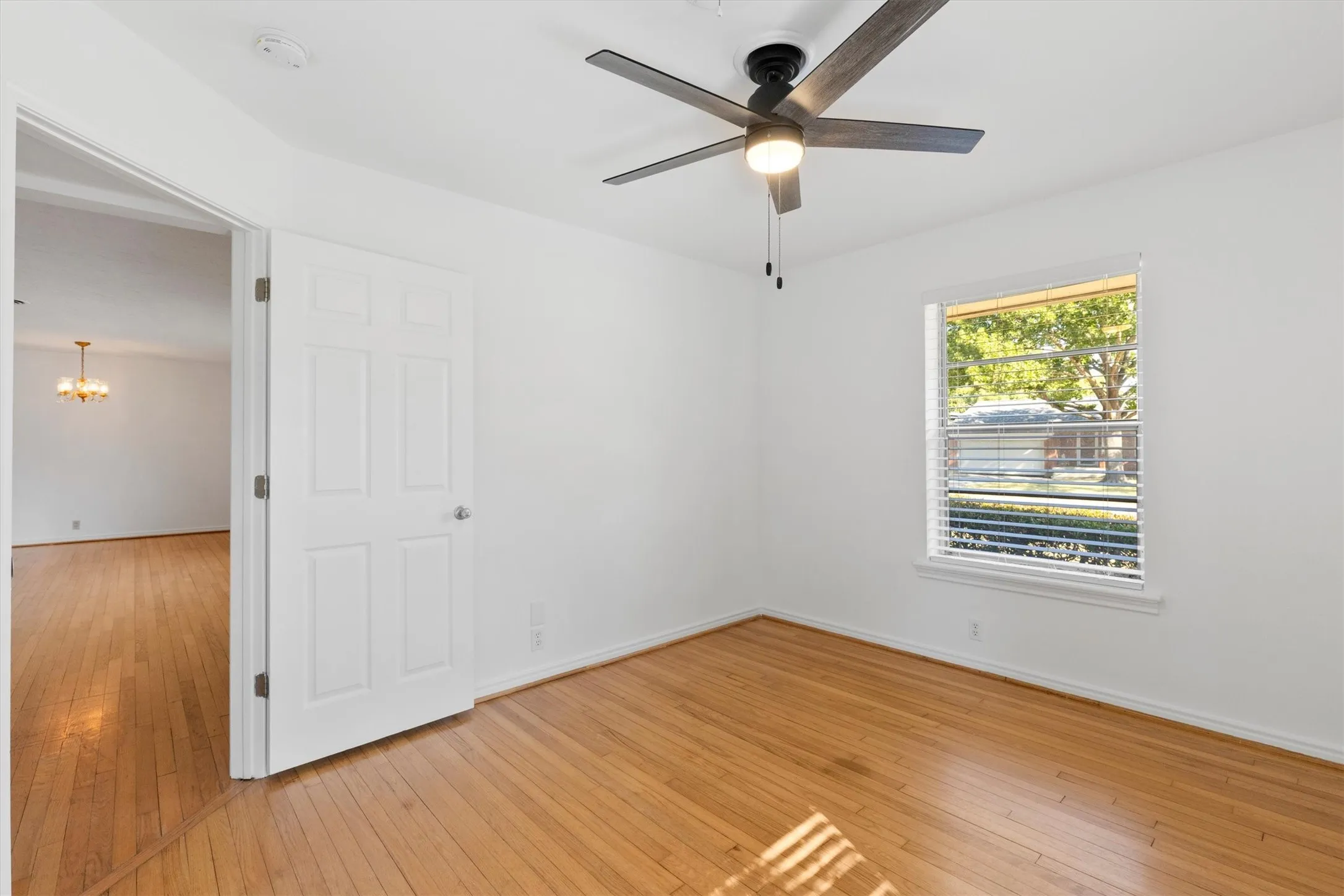 Hardwood flooring throughout, a multi-pane window with blinds, and a ceiling fan with integrated lighting