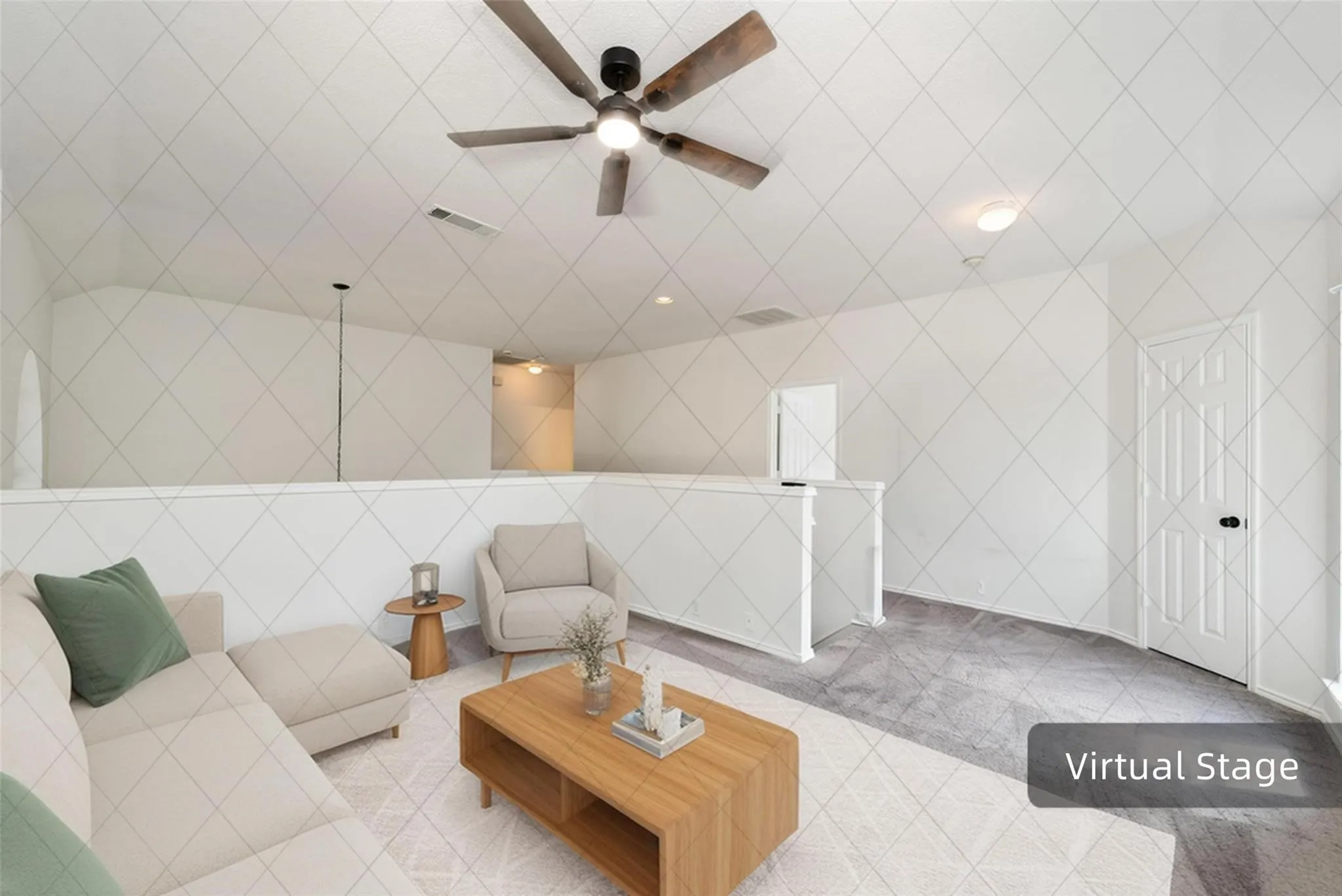 Recessed lighting, ceiling fan, white paneled door with black hardware, and carpeted flooring
