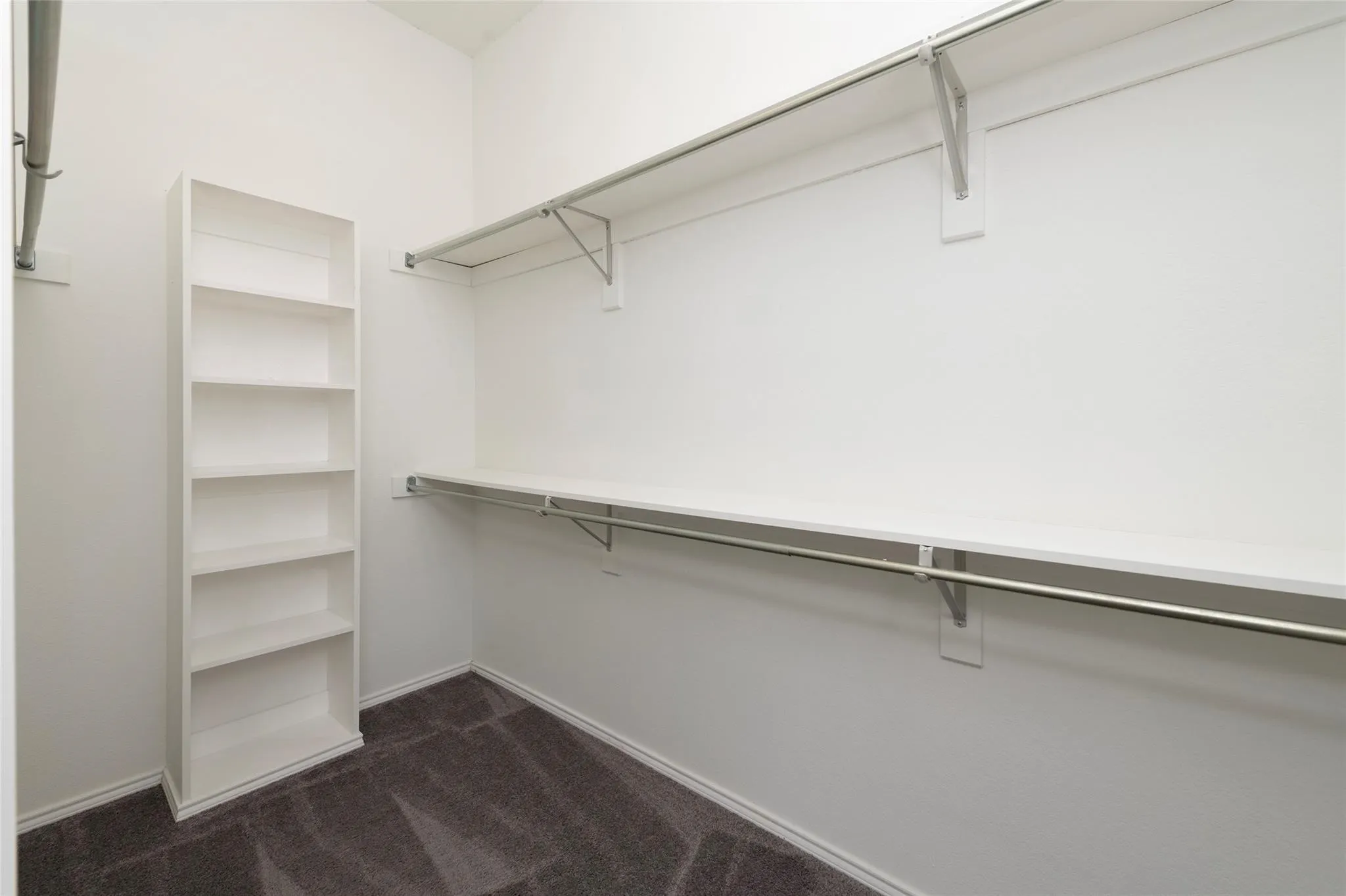 White shelving system, dual hanging rods, upper storage shelf, and carpeted flooring