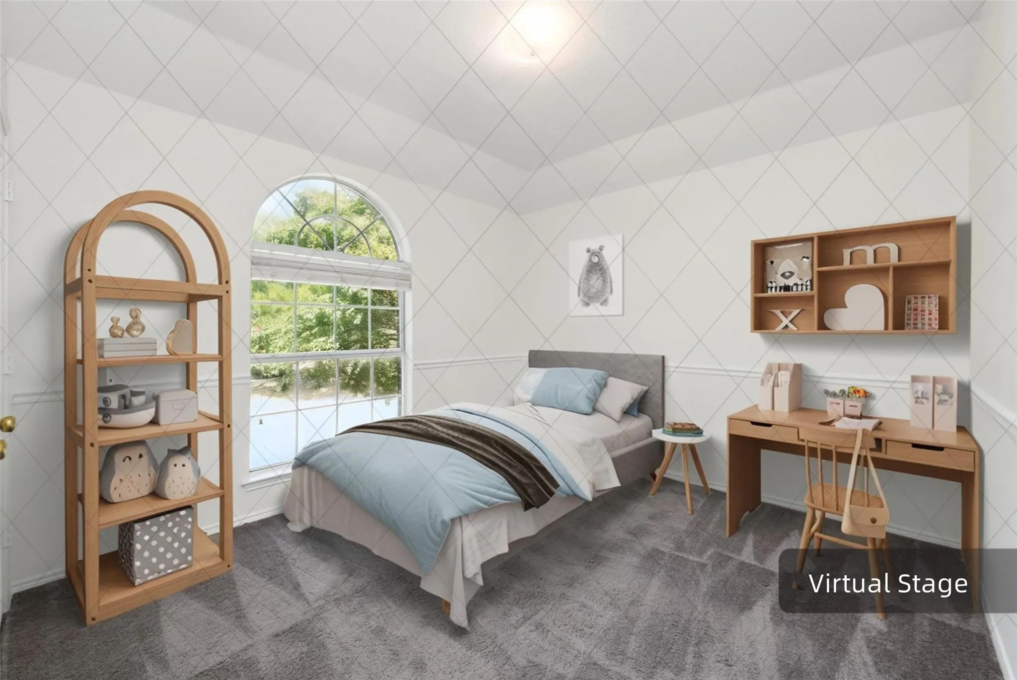 Arched window with exterior views, patterned wall treatment, wall-mounted shelving, built-in desk, and gray carpeting