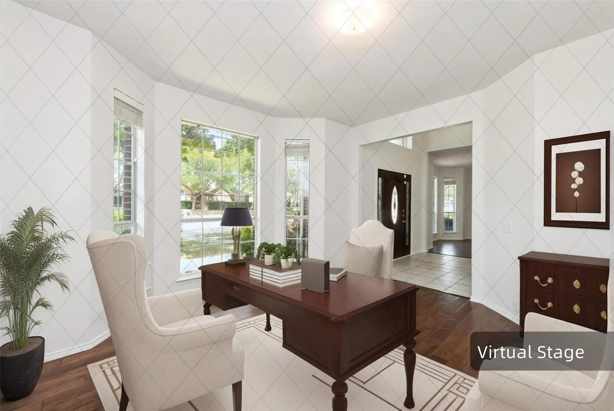 Hardwood flooring, bay windows, recessed ceiling light, arched doorway, and white wall finishes