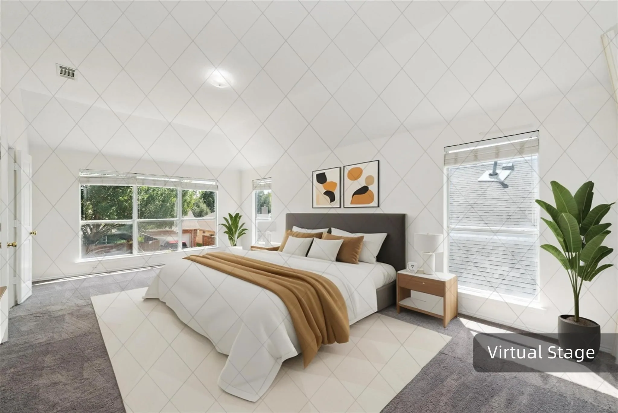 Vaulted ceiling with an integrated light fixture, multiple windows with blinds, gray carpet flooring, and white walls