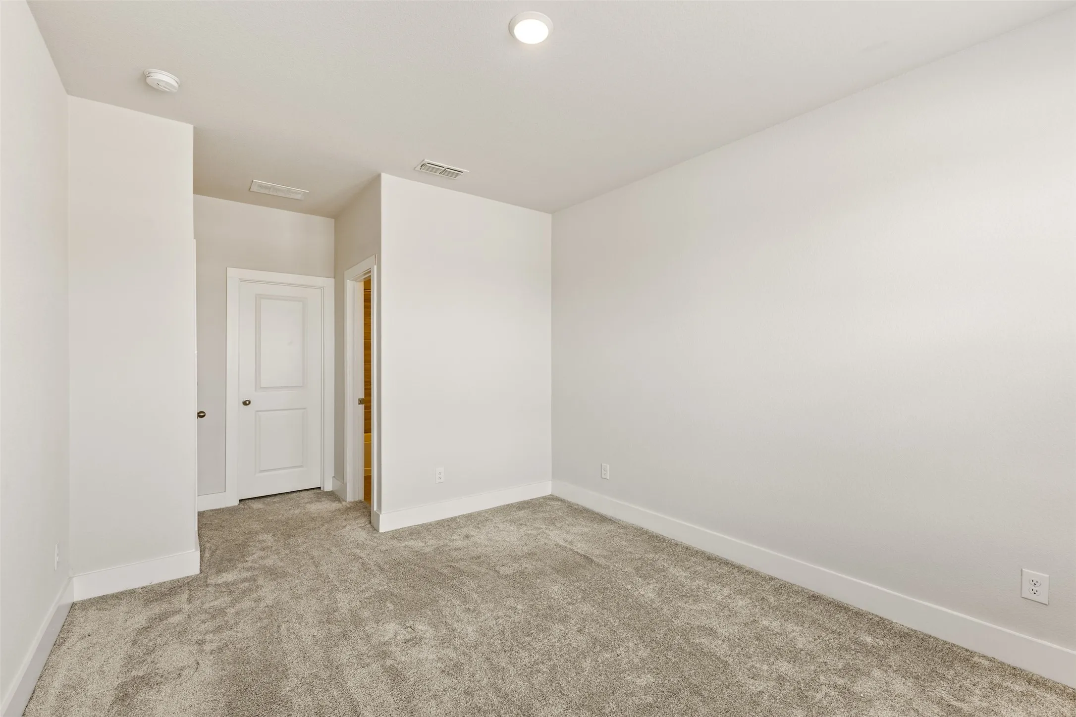 Neutral-toned carpeting, white painted walls, and white trim