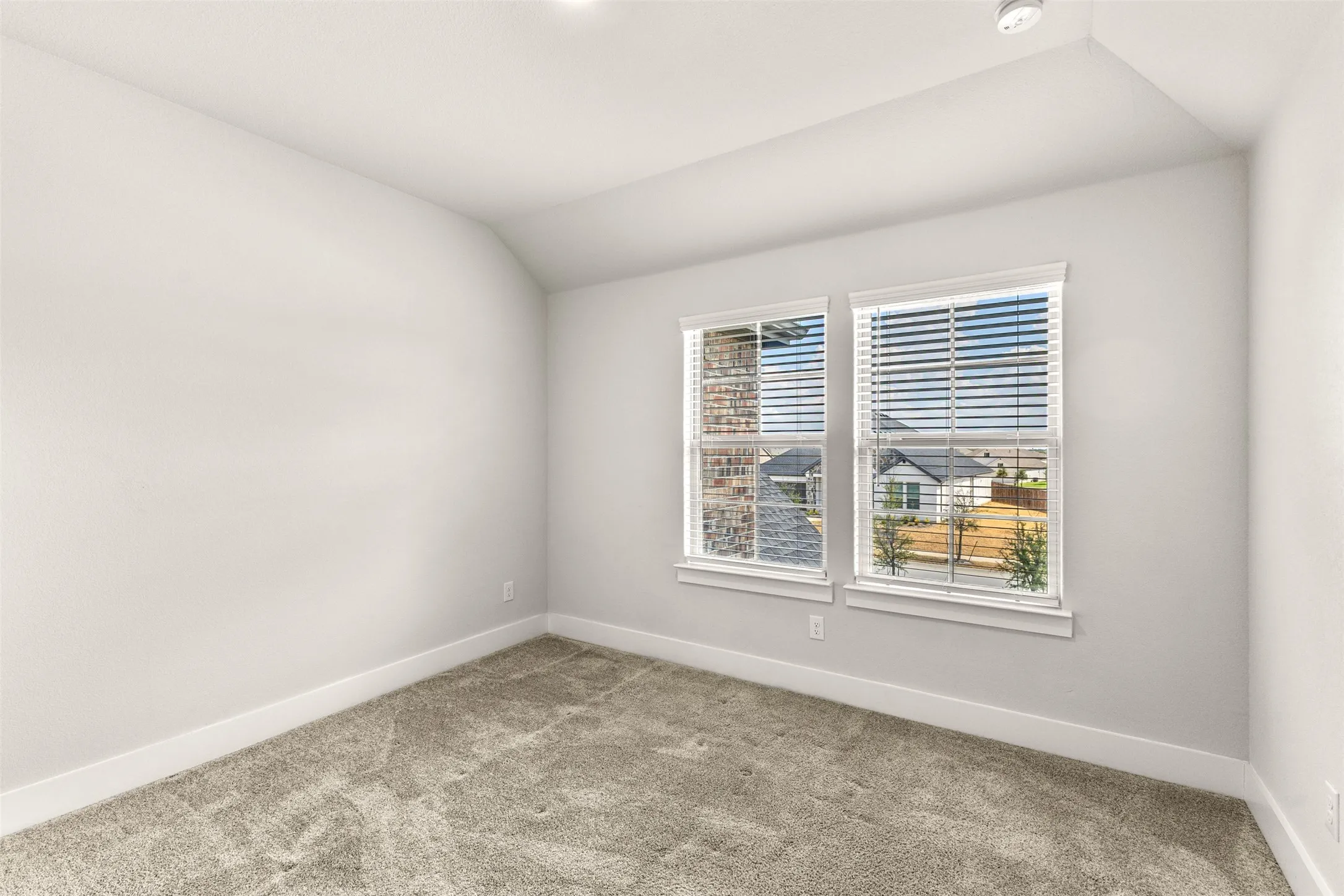 Light gray carpeting, white walls, and a pair of windows with white blinds