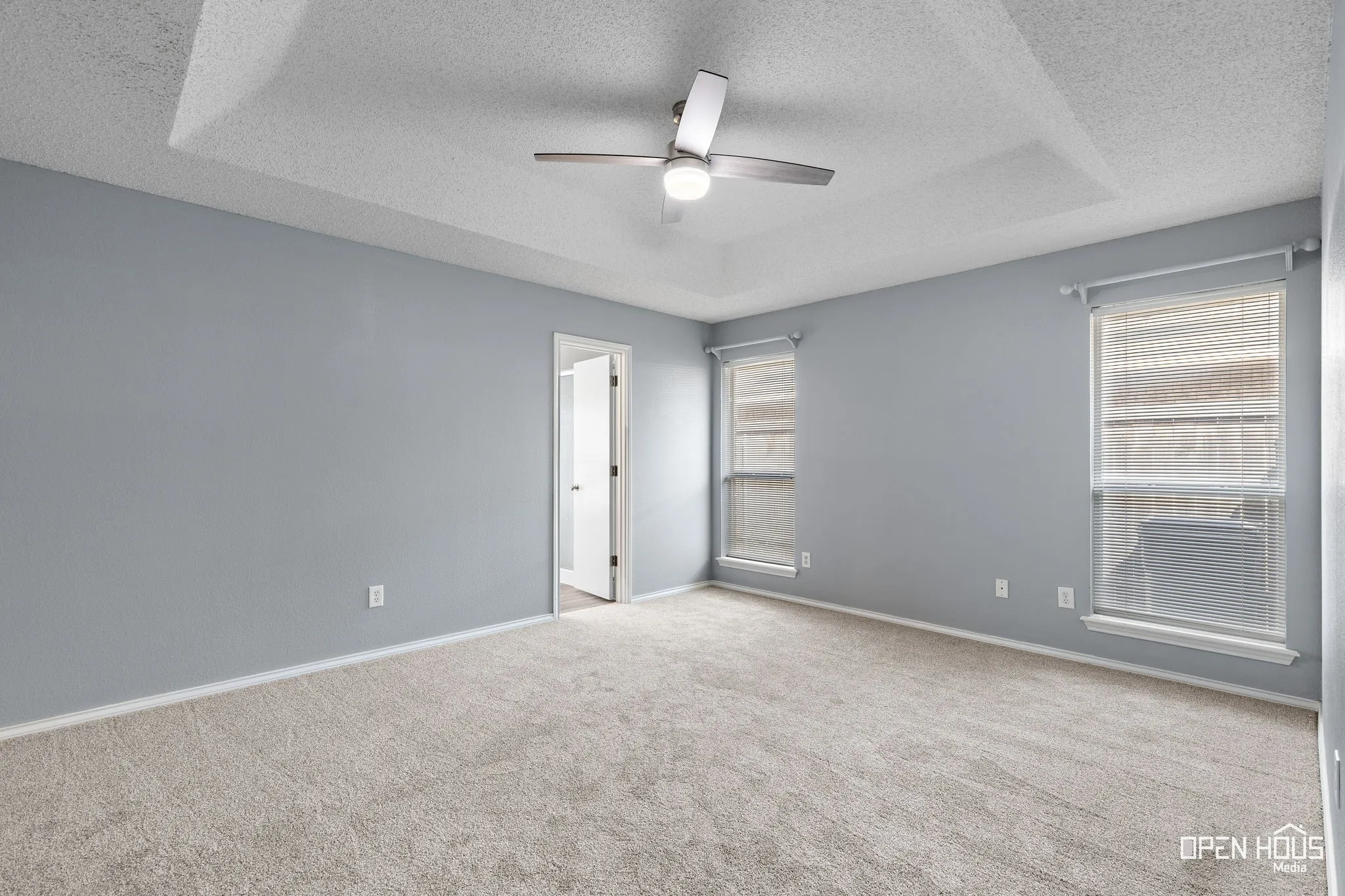 Tray ceiling, overhead fan with integrated lighting, two windows with blinds, light-toned carpeting, and a painted interior door