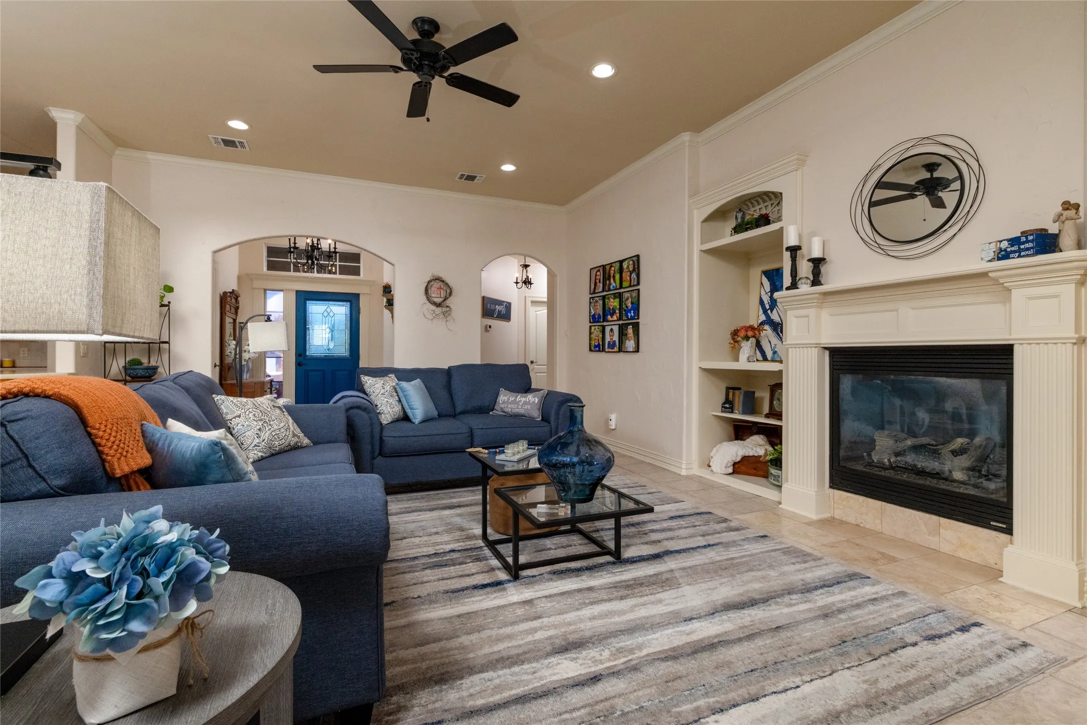 Fireplace is electric but can be changed to wood-burning.