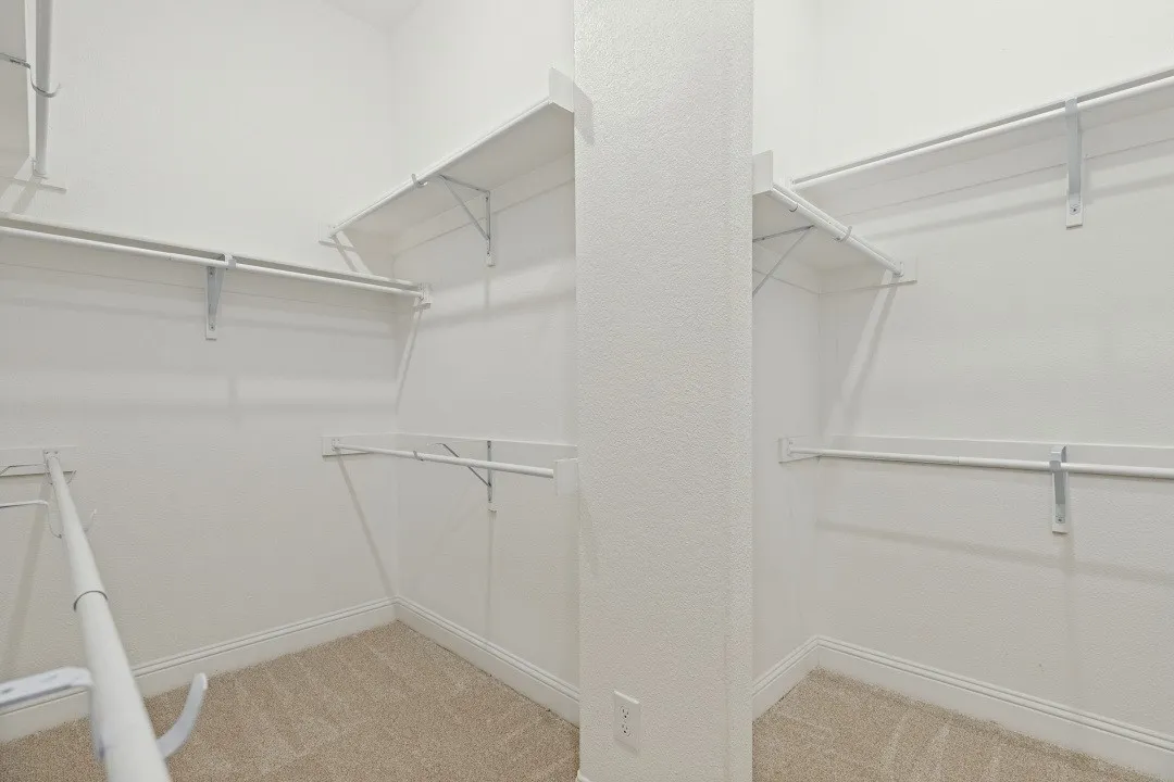 Built-in closet shelving, hanging rods, light-toned carpeting, and a neutral wall finish