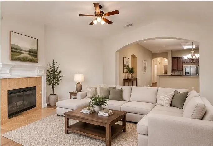 virtually staged living room off breakfast area