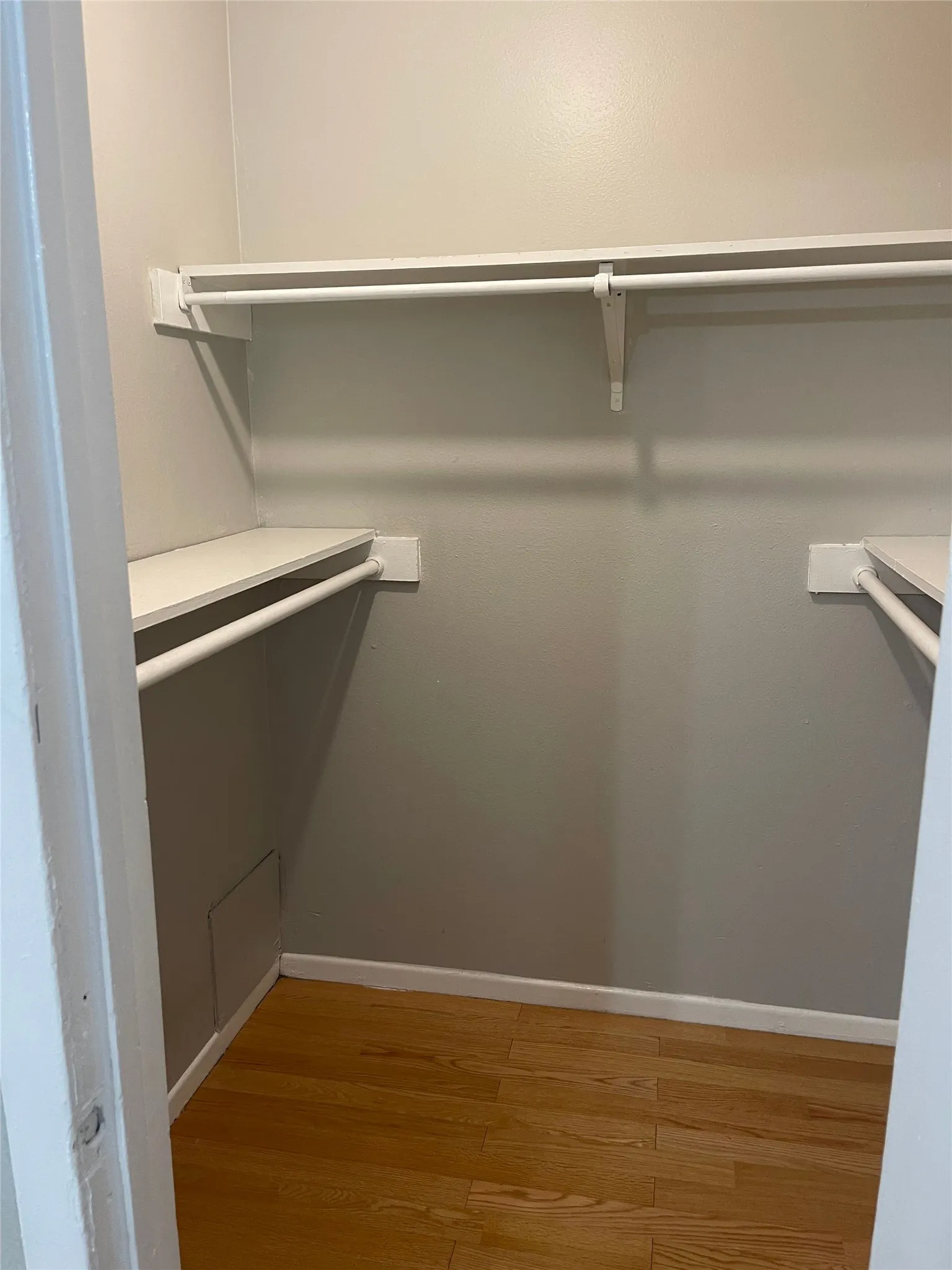 Closet featuring wood-finish flooring, white walls, and built-in shelving with hanging rods