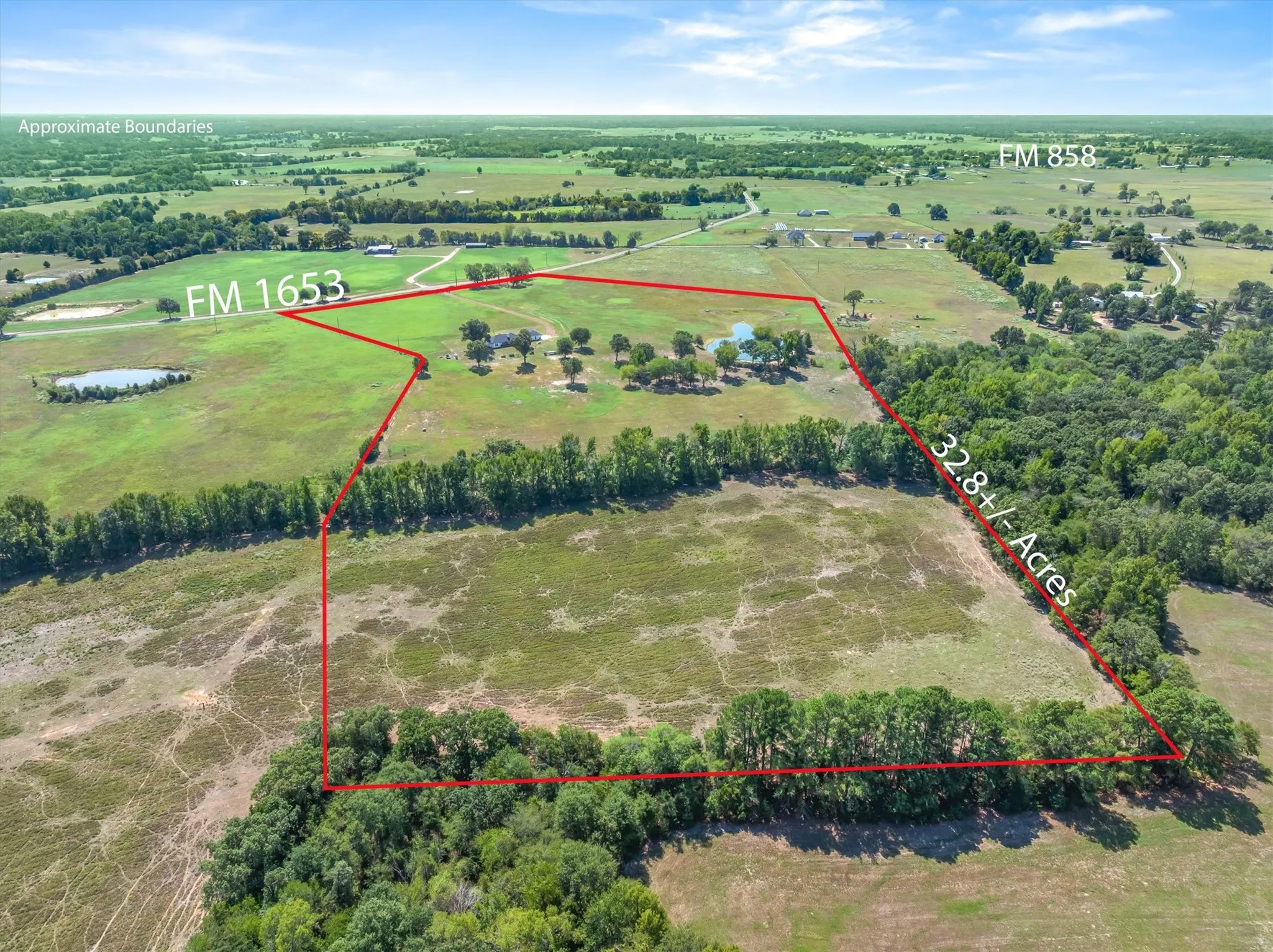 Expansive 32.8+/- acre parcel featuring a mix of open fields, mature trees, and a visible pond