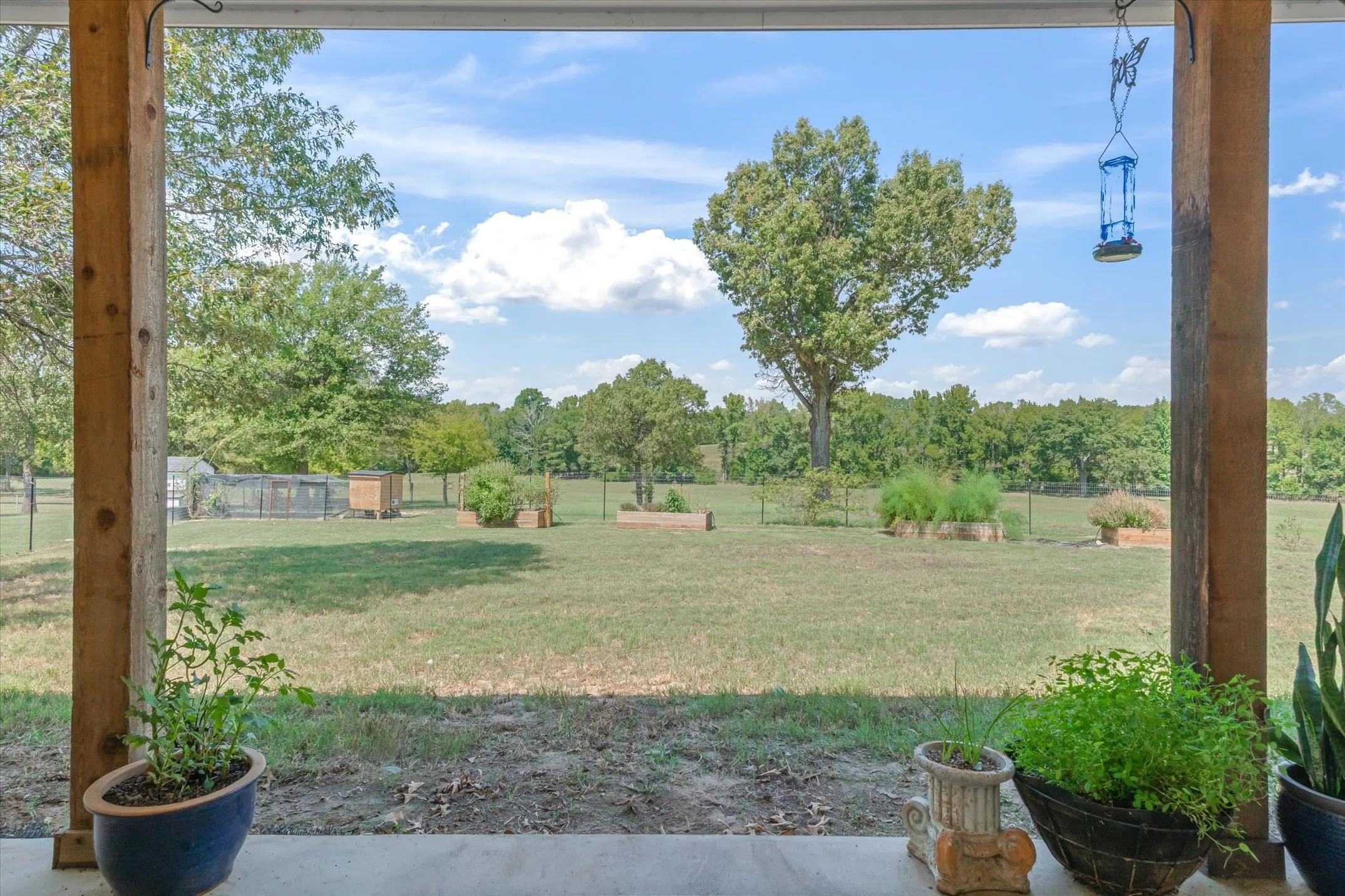 Expansive outdoor space featuring a broad grassy area, mature trees, and raised garden beds