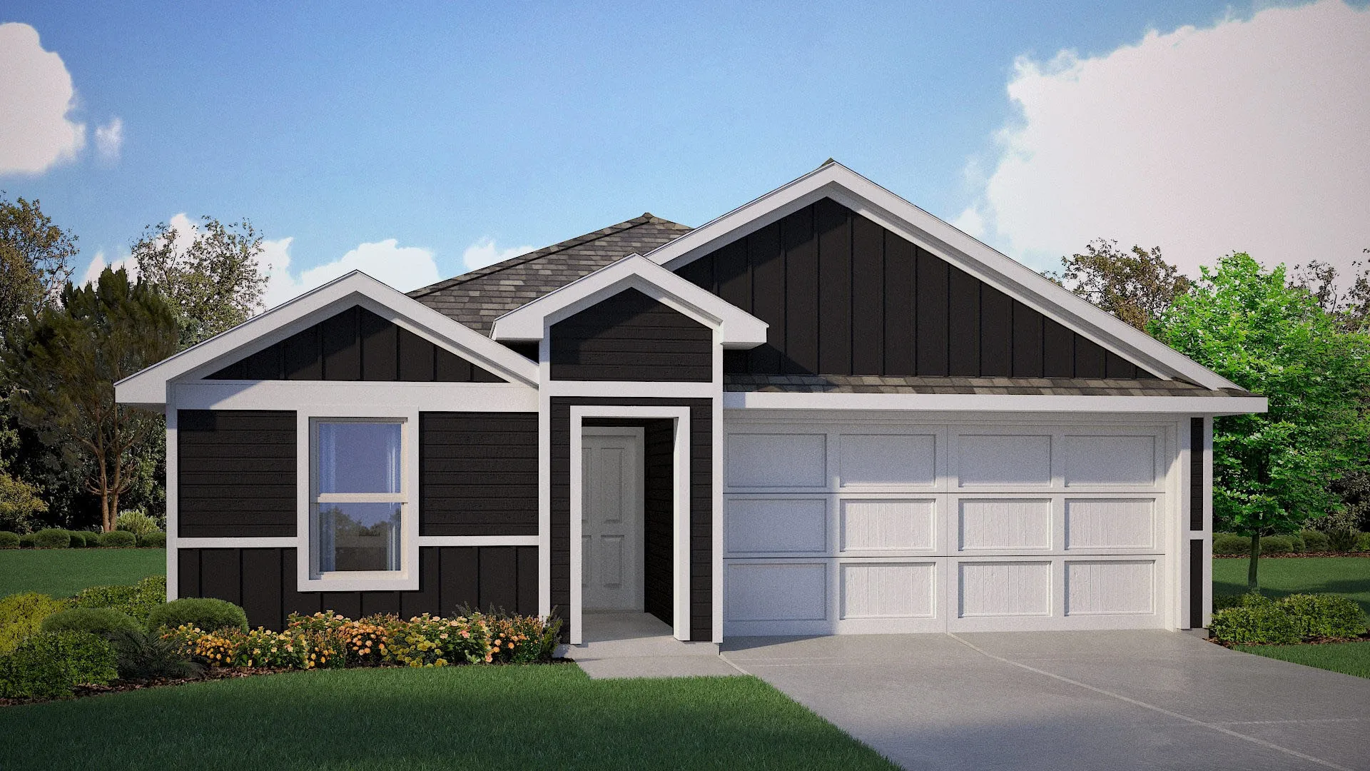 Front Elevation - D.R. Horton's Baylor floor plan Elevation X - All Home and community information, including pricing, included features, terms, availability and amenities, are subject to change at any time without notice or obligation. All Drawings, pictures, photographs, video, square footages, floor plans, elevations, features, colors and sizes are approximate for illustration purposes only and will vary from the homes as built.