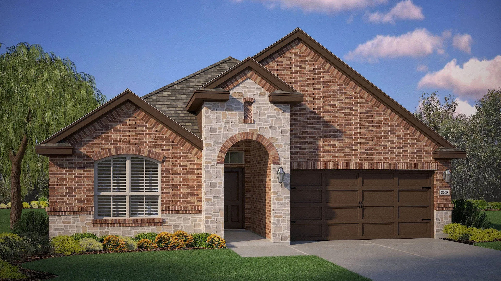 Front Elevation - D.R. Horton's Blanco floor plan Elevation G - All Home and community information, including pricing, included features, terms, availability and amenities, are subject to change at any time without notice or obligation. All Drawings, pictures, photographs, video, square footages, floor plans, elevations, features, colors and sizes are approximate for illustration purposes only and will vary from the homes as built.