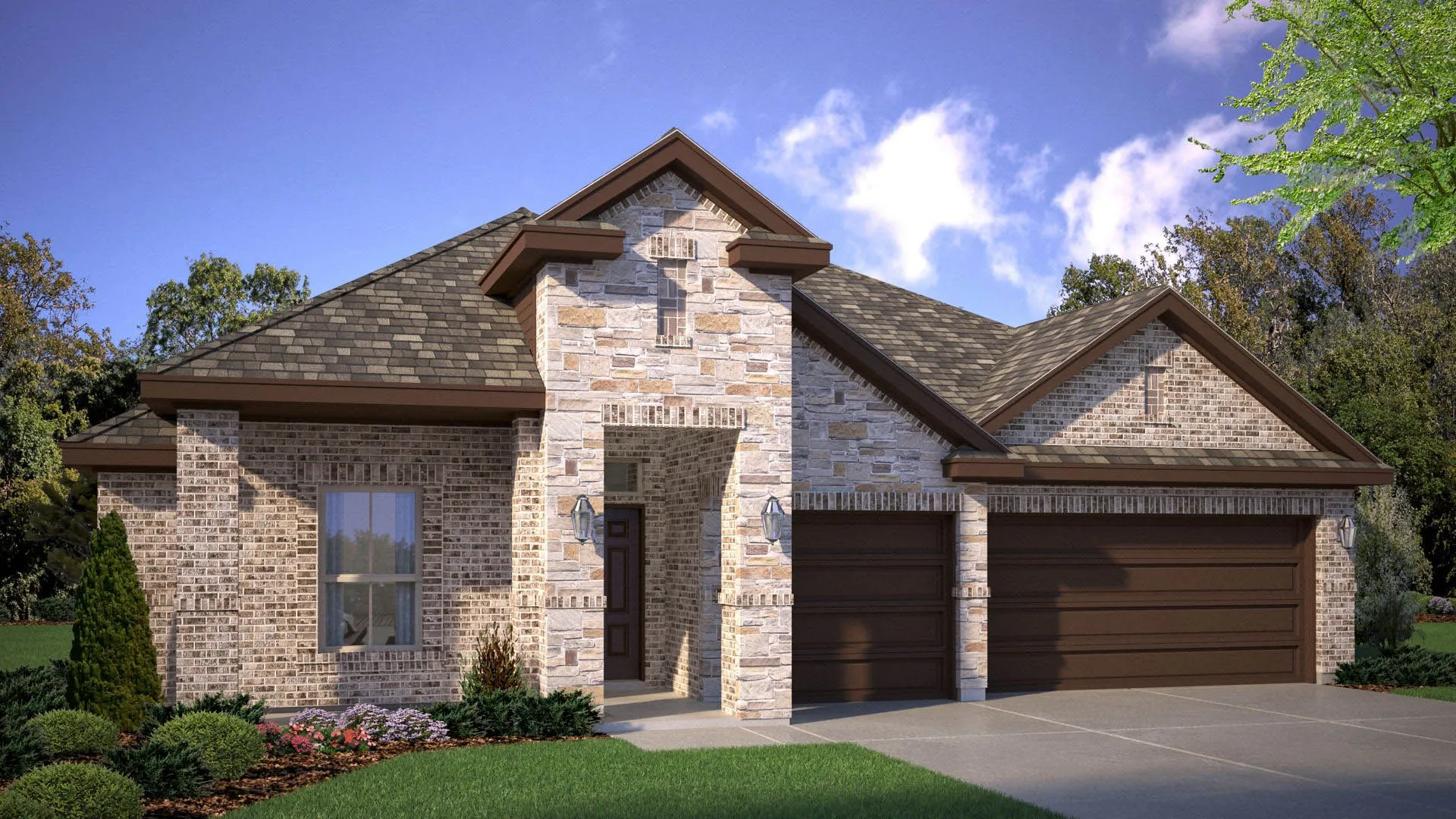 Front Elevation - D.R. Horton's Brock floor plan Elevation D - All Home and community information, including pricing, included features, terms, availability and amenities, are subject to change at any time without notice or obligation. All Drawings, pictures, photographs, video, square footages, floor plans, elevations, features, colors and sizes are approximate for illustration purposes only and will vary from the homes as built.