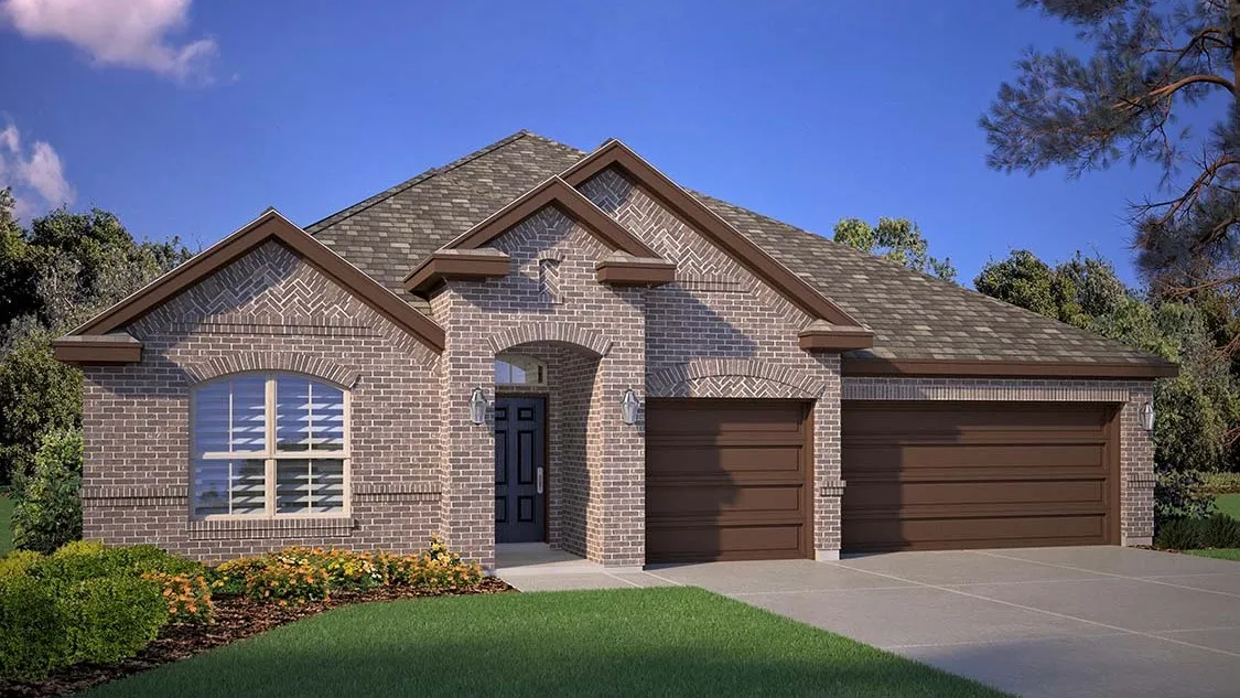 Front Elevation - D.R. Horton's Brock floor plan Elevation B - All Home and community information, including pricing, included features, terms, availability and amenities, are subject to change at any time without notice or obligation. All Drawings, pictures, photographs, video, square footages, floor plans, elevations, features, colors and sizes are approximate for illustration purposes only and will vary from the homes as built.
