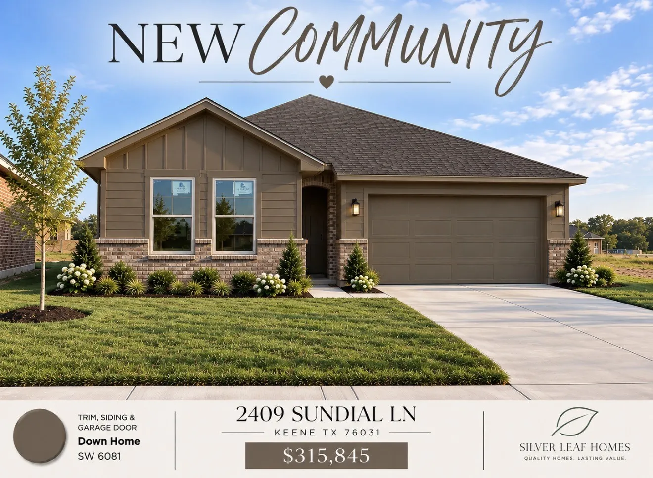 Single Family Residence For Sale in Johnson County , 2409 Sundial Lane, Keene, Texas 76031, 3 Bedroom, 2 Bathroom, 2 Garage spaces, 1,845 Sqft, built in 2026, mls#21391485, Real Estate Agent in Keene, Homes For Sale in Johnson county, Homes For Sale in Keene, Realtor in Keene Texas, Real Estate Brokerage Independent Realty Texas, Luminita Cordes Realtor