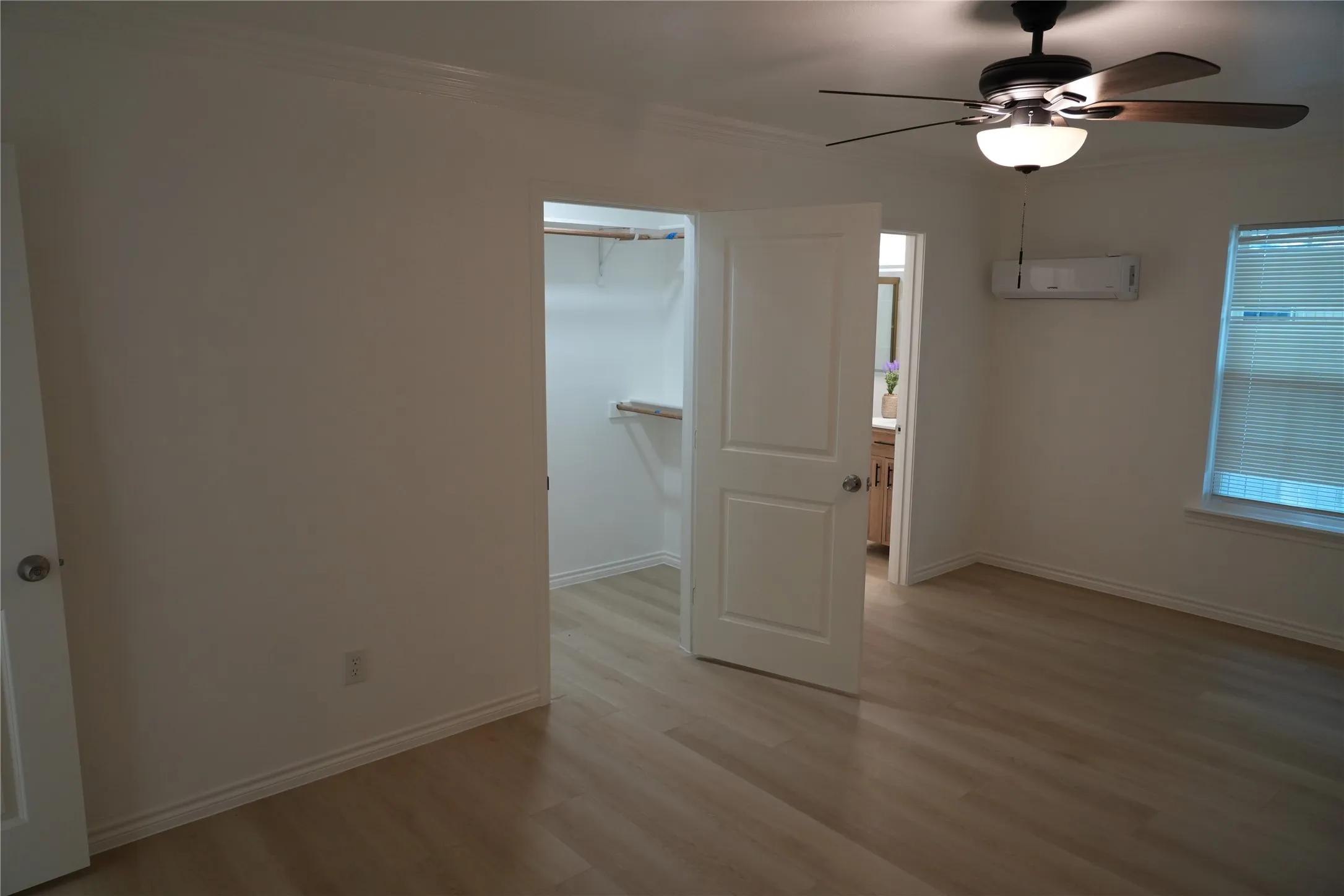 Wood-finish flooring, ceiling fan, crown molding, built-in closet shelving, and window with blinds