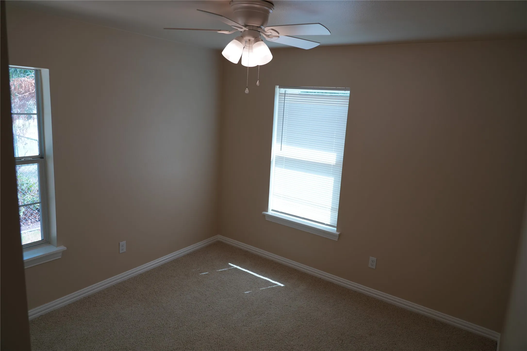 Neutral-toned walls, carpeted flooring, and two windows with white trim