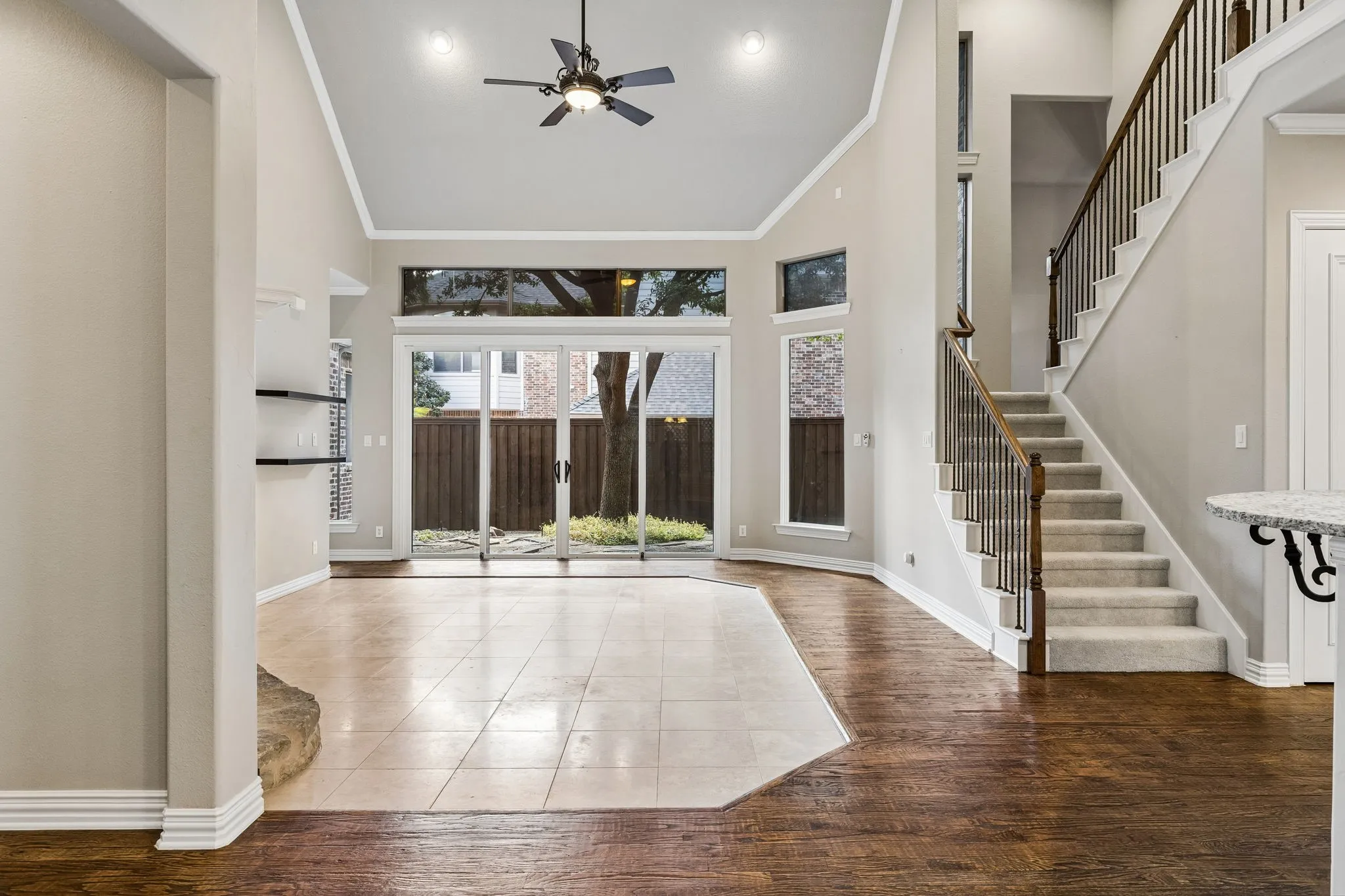 Living Room with gas fireplace and open concept floor plan