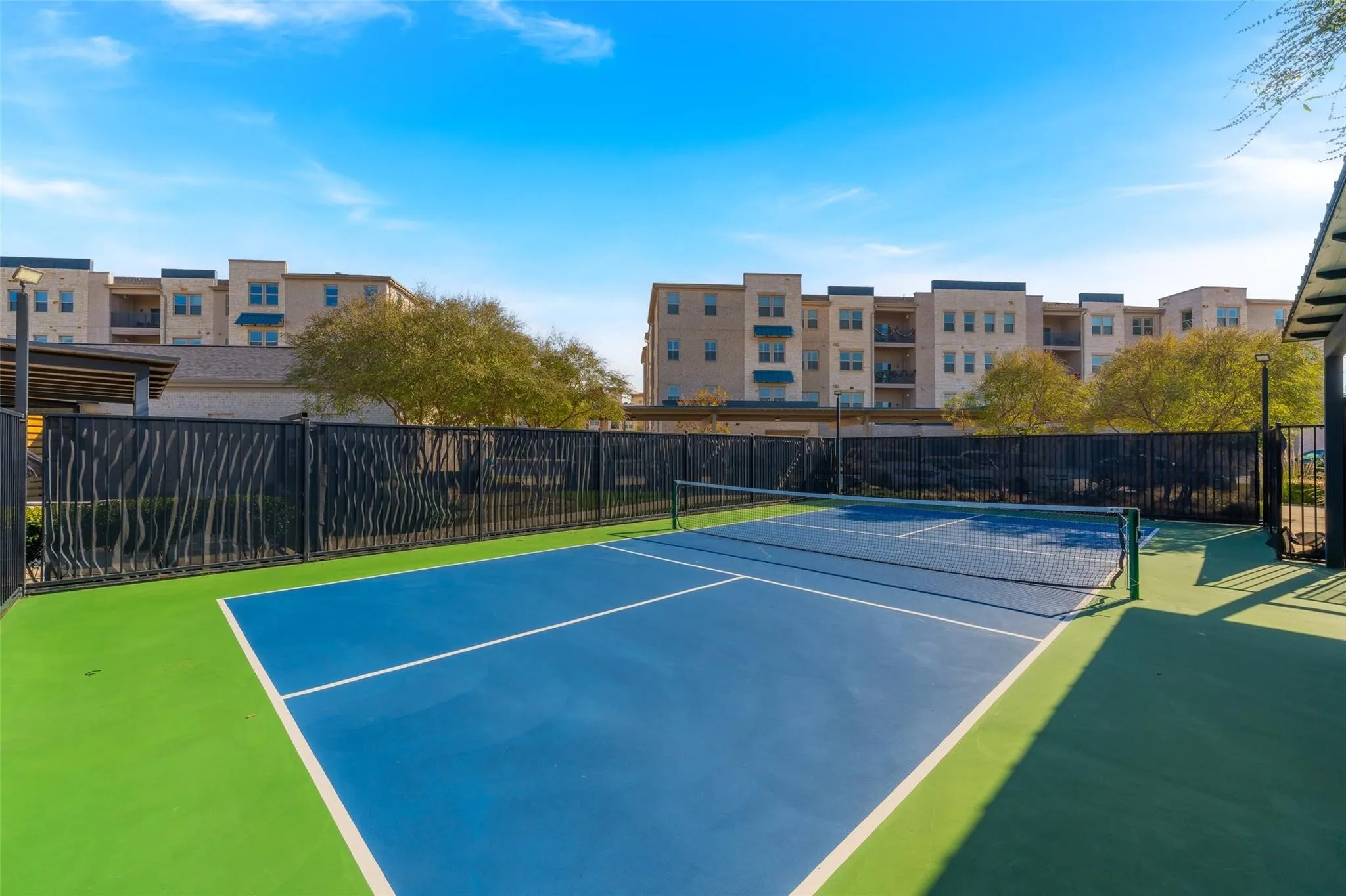 Outdoor court with blue and green surfacing, black netting, and surrounding black fencing