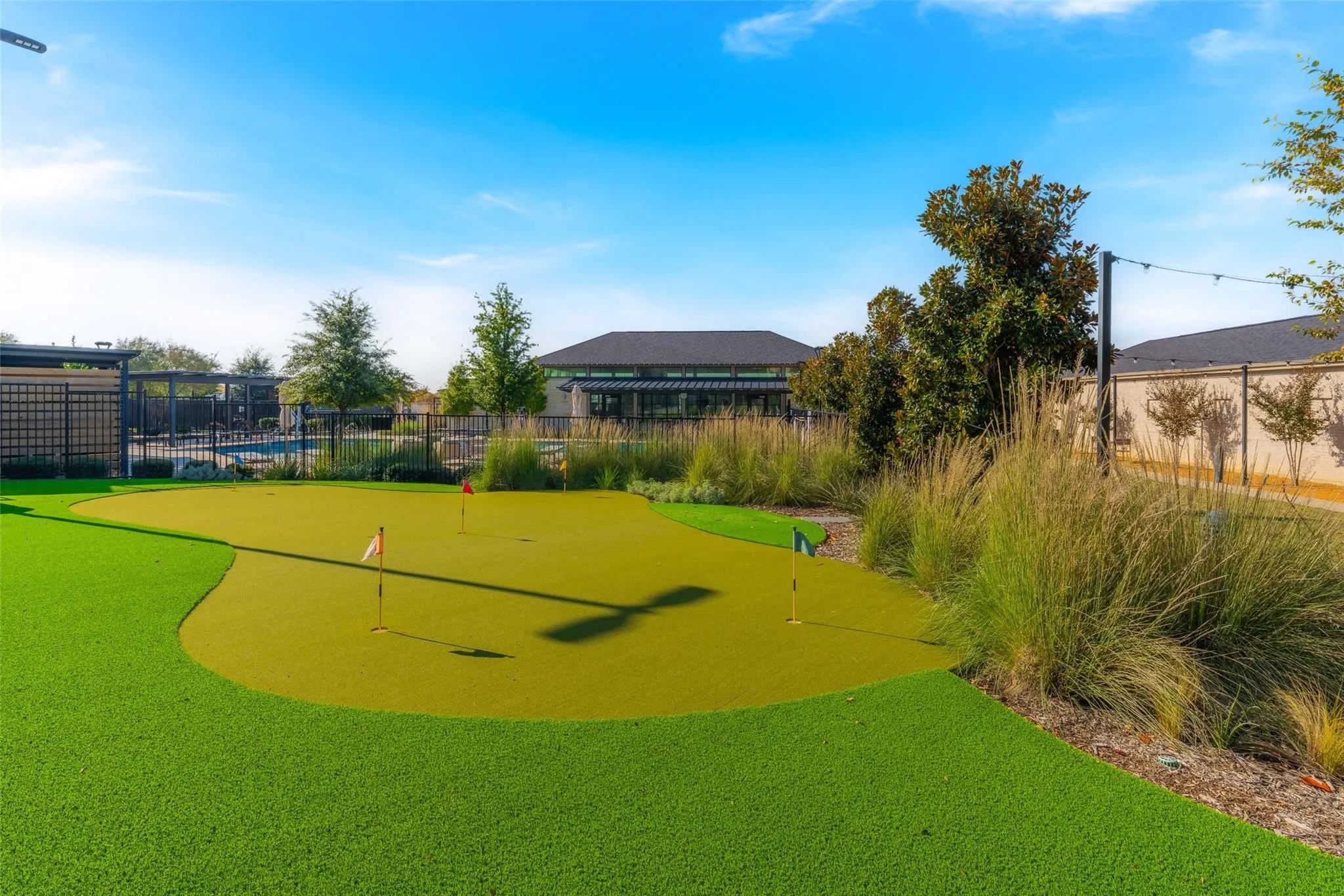 Putting green with multiple holes, artificial turf, and surrounding landscaping