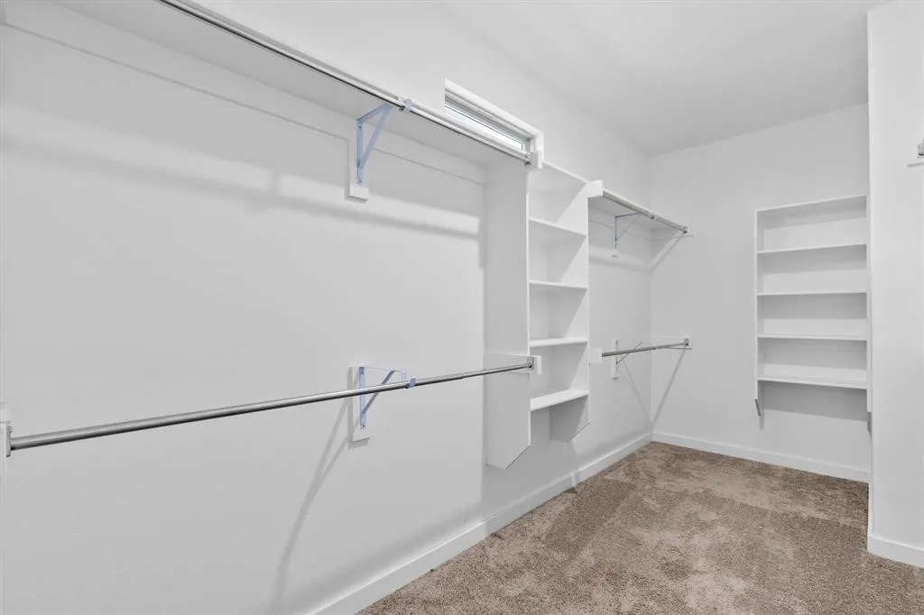 Carpeted closet space featuring built-in shelving, multiple hanging rods, and a high-set window