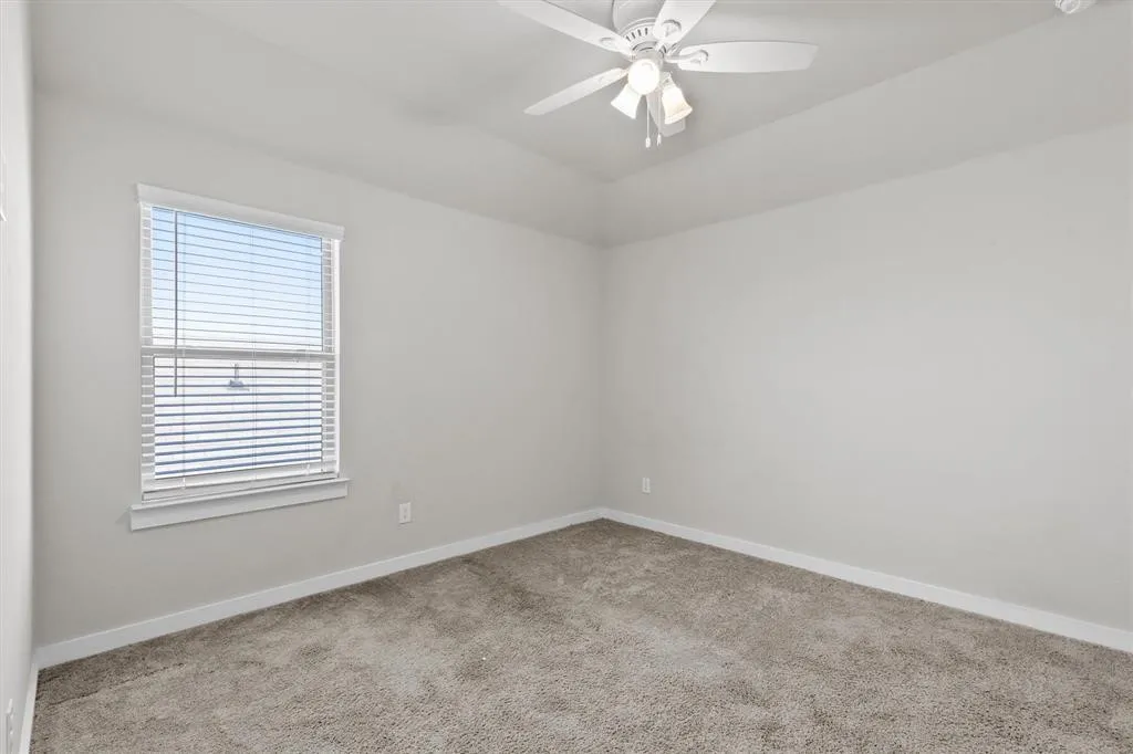 Window with blinds, wall-to-wall carpeting, white ceiling fan with light fixture, and neutral wall paint