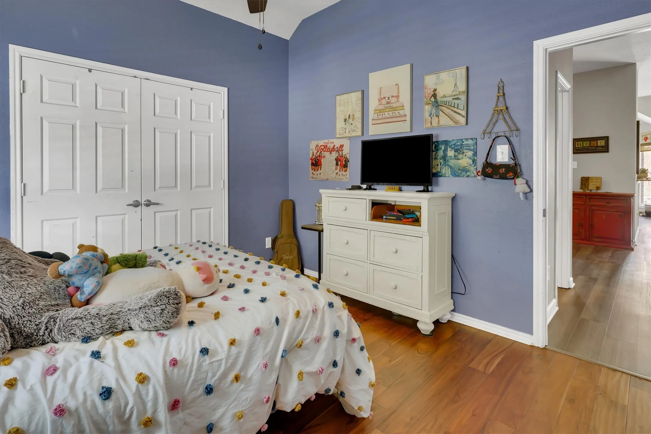 Wood-finish flooring, two-panel doors, and a ceiling fan with light fixture