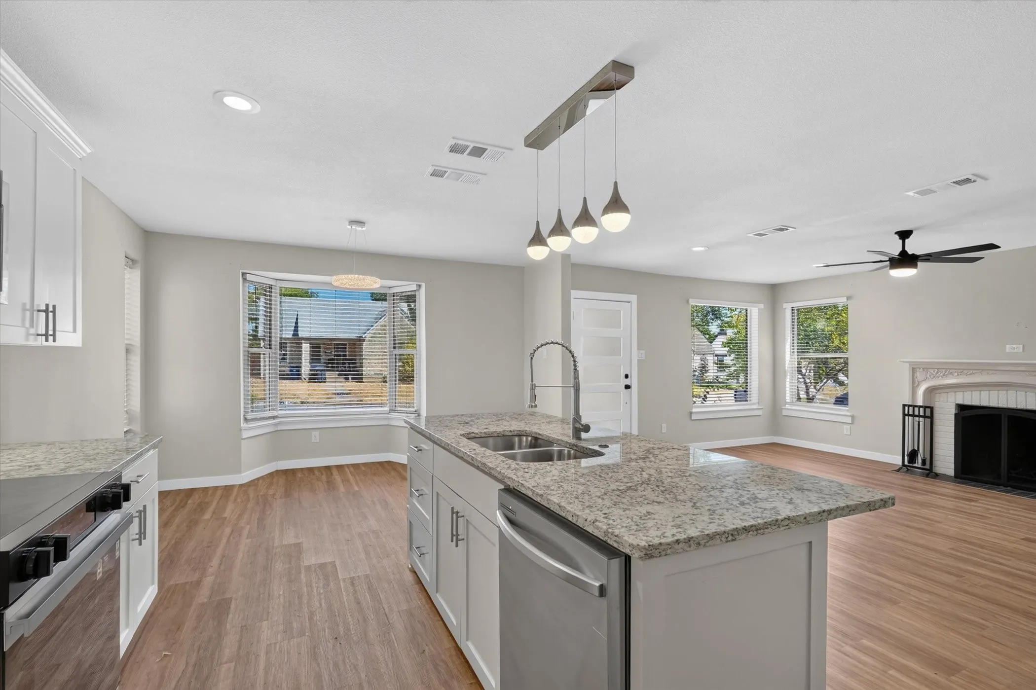 Kitchen island with dual stainless steel sinks and an integrated dishwasher, granite-style countertops, wood-finish flooring, white cabinetry, and a decorative fireplace