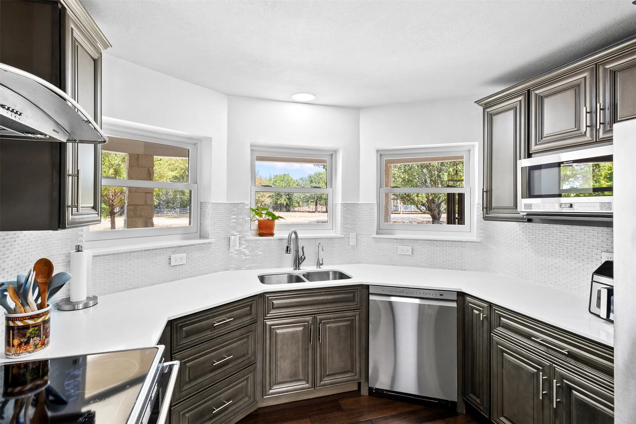Kitchen featuring L-shaped white countertops, dark wood-finish cabinetry, stainless steel appliances, and multiple windows