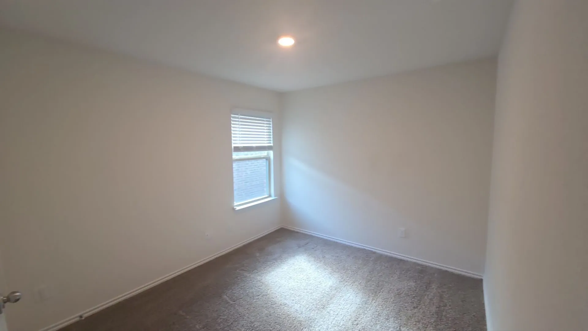 Recessed ceiling light, neutral wall paint, single window with blinds, and carpeted flooring
