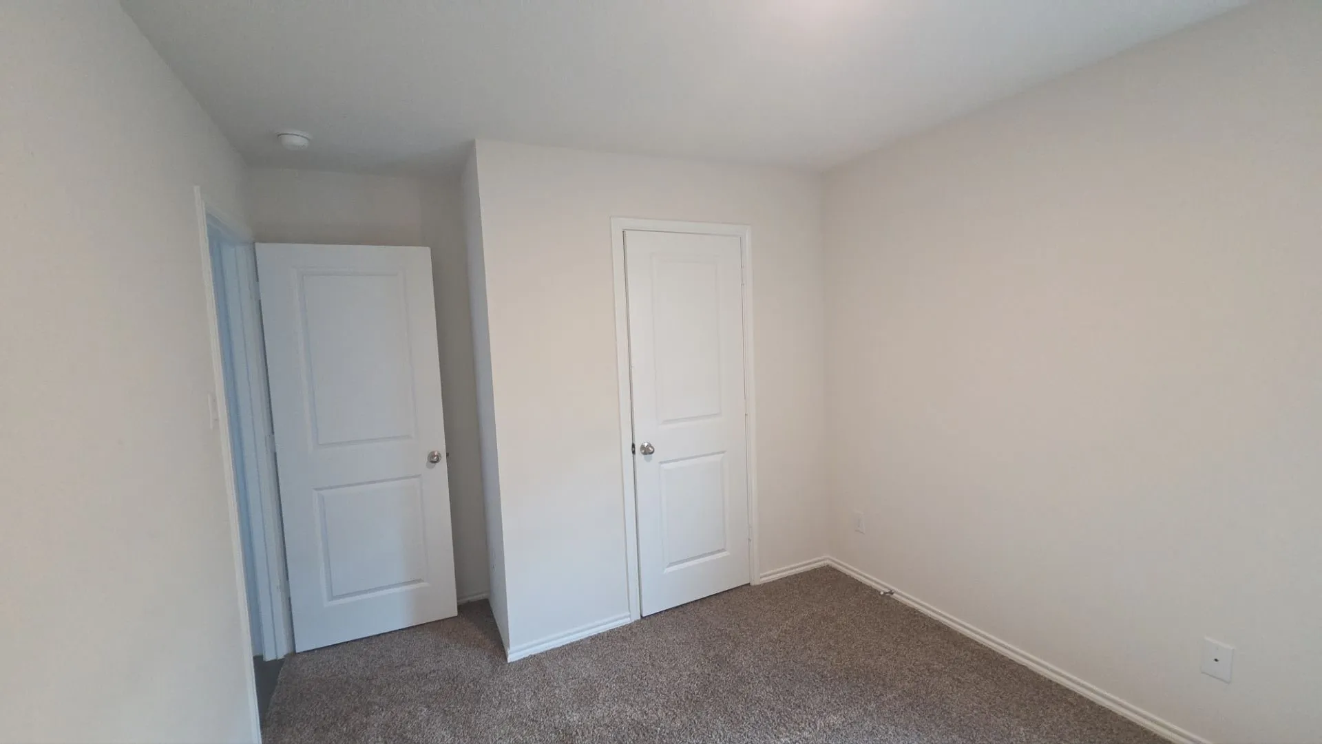 Carpeted flooring, white interior walls, white trim, and a flush-mount ceiling light