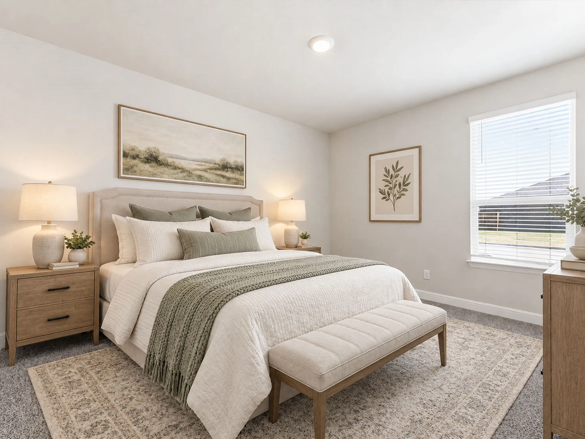 Recessed ceiling lighting, window with blinds, carpet flooring, and an upholstered headboard