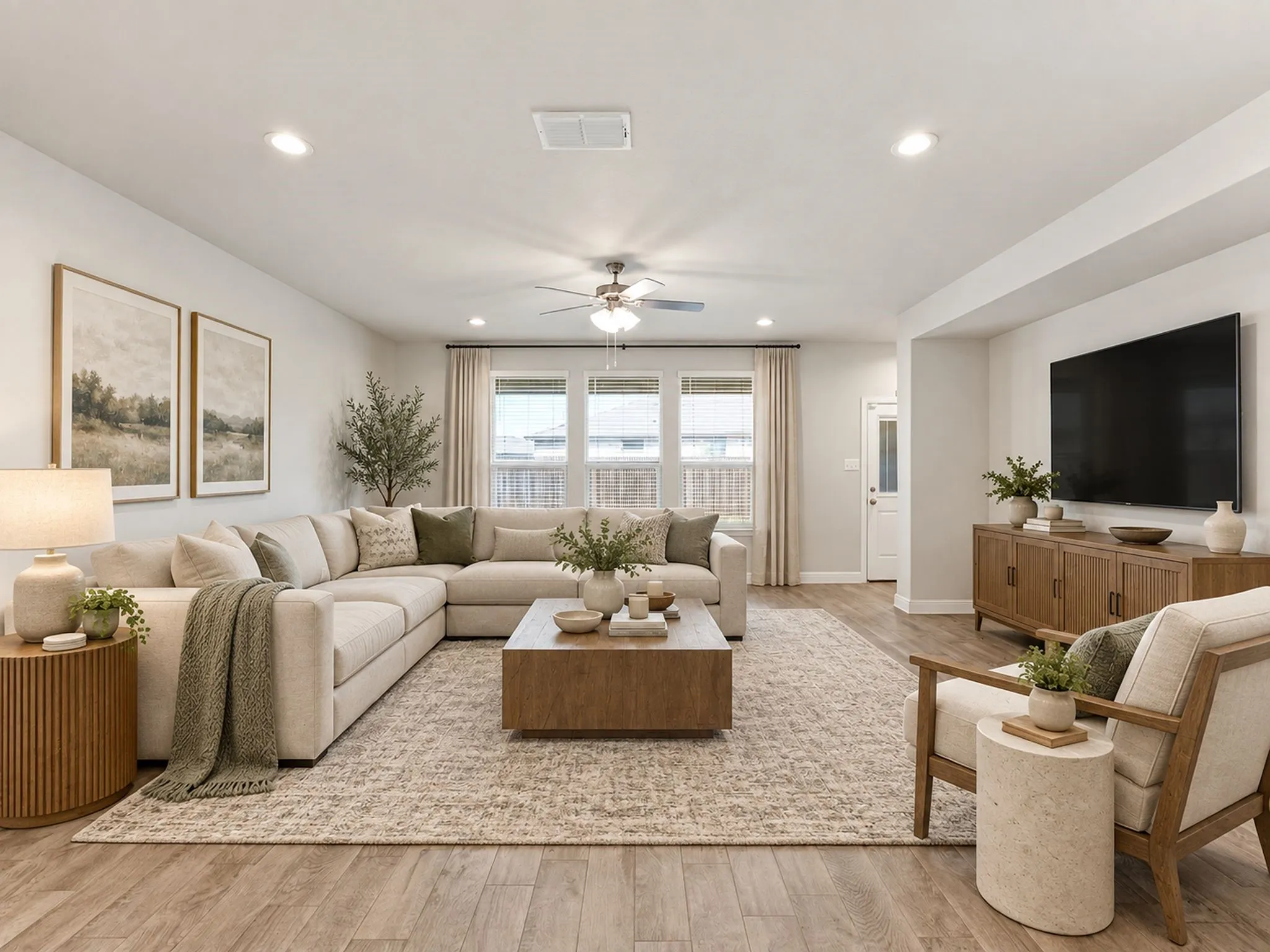 Recessed ceiling lighting, wood-finish flooring, ceiling fan, multiple windows with blinds, and painted walls