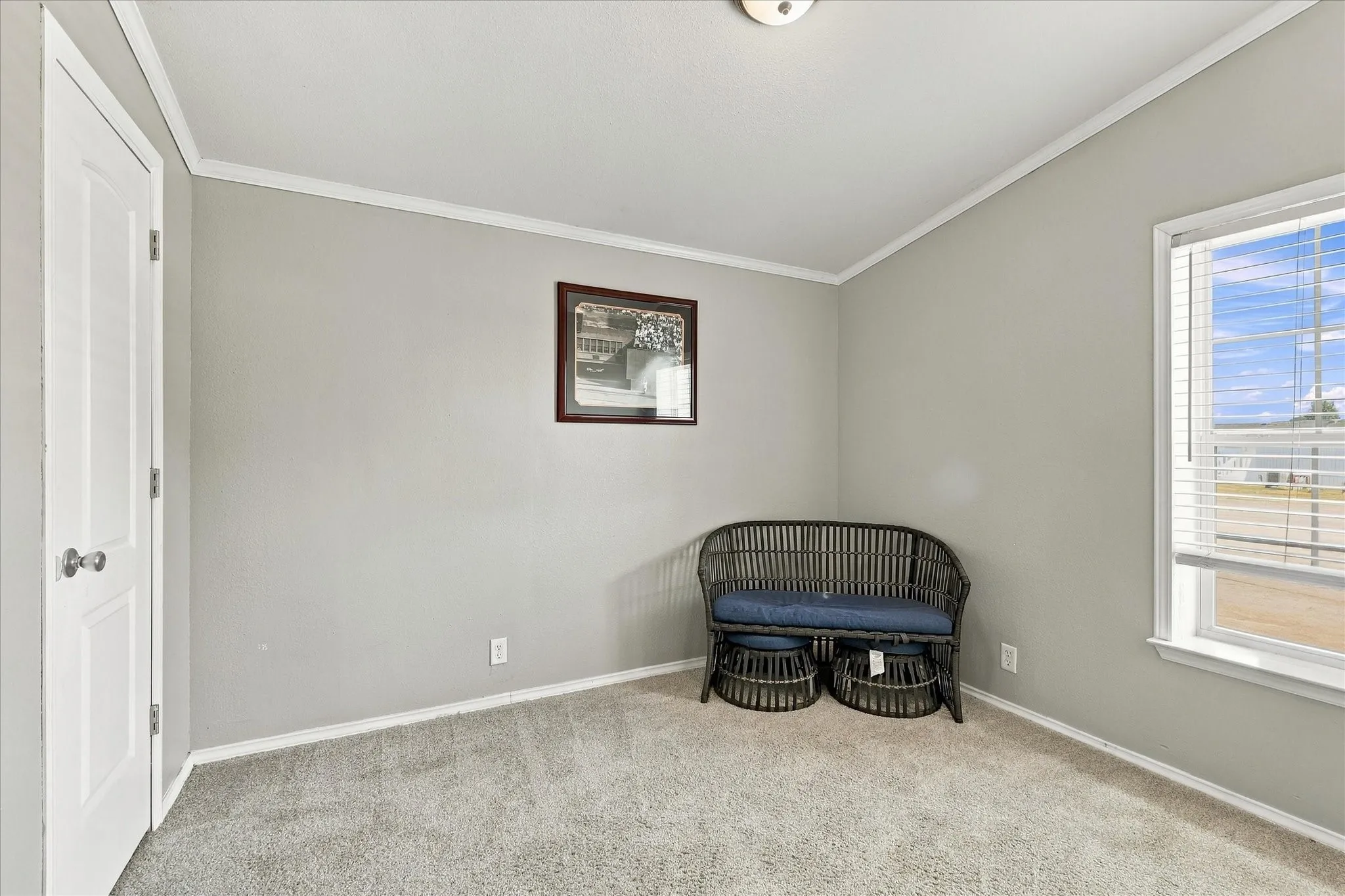 Light gray wall paint with white trim, a single window with blinds, and carpeted flooring