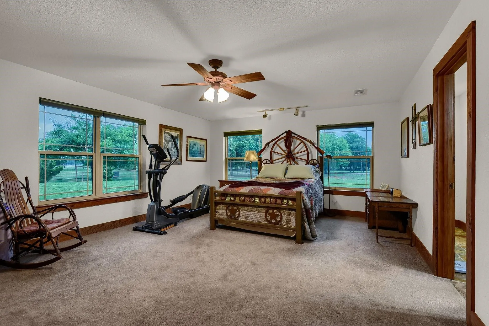 Carpeted bedroom featuring ceiling fan and rail lighting
