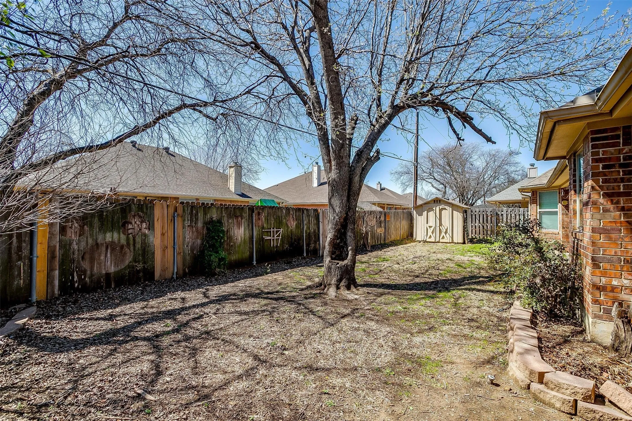 Expansive yard space featuring a mature tree, wood fence, and a storage shed
