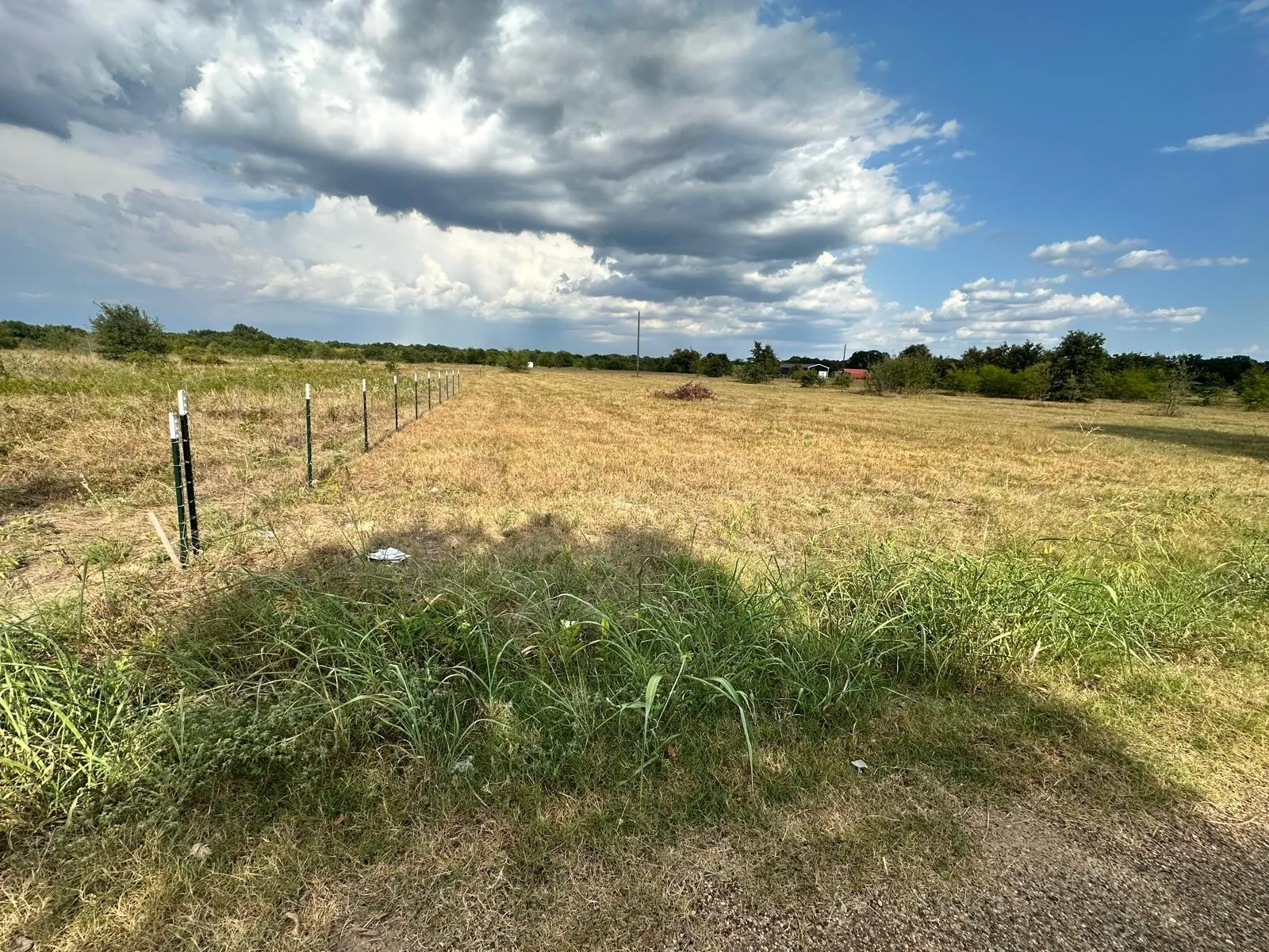 Expansive open field with partial fencing and distant tree line