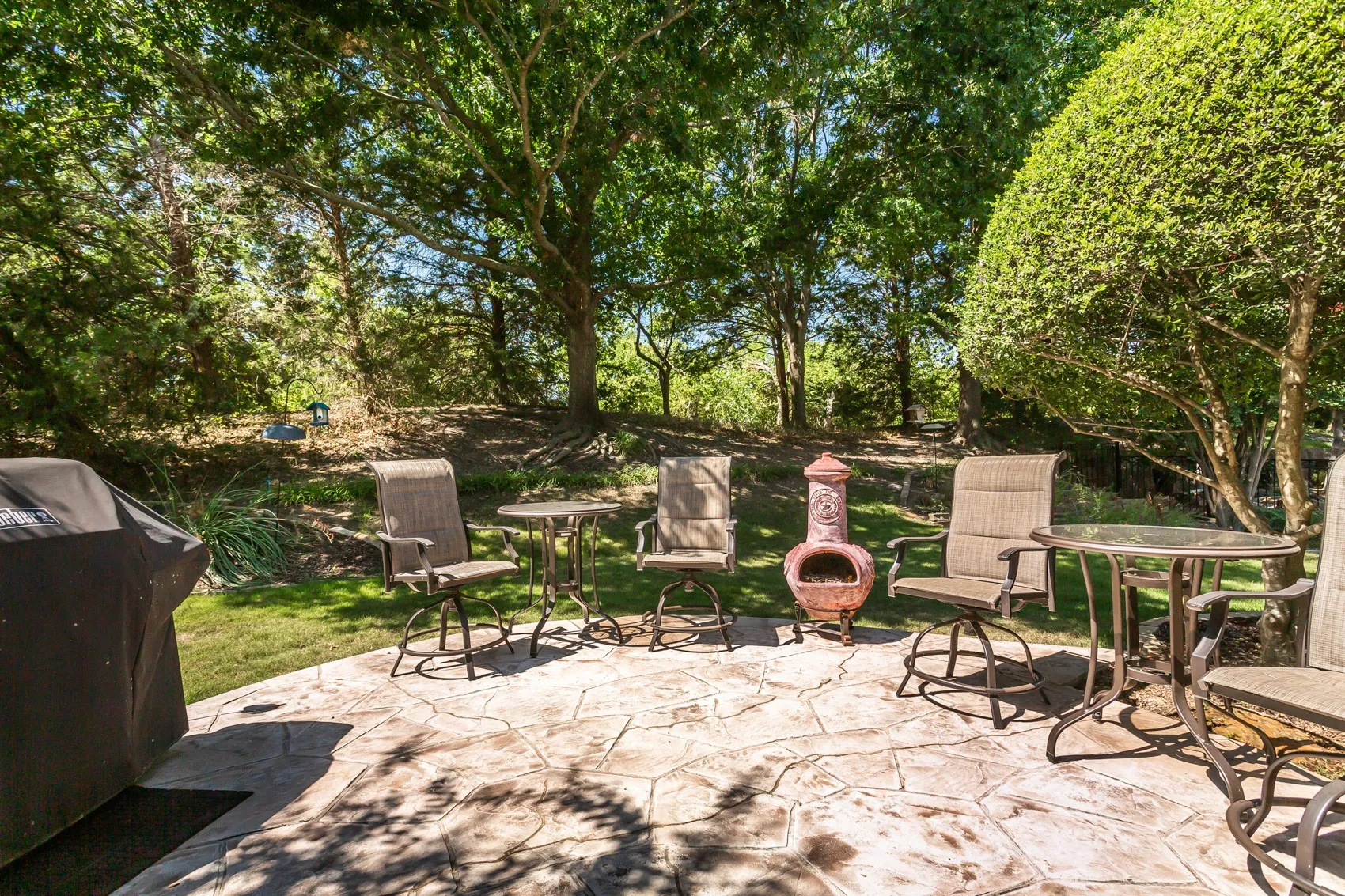 Expansive stamped concrete patio with surrounding mature trees and natural landscaping
