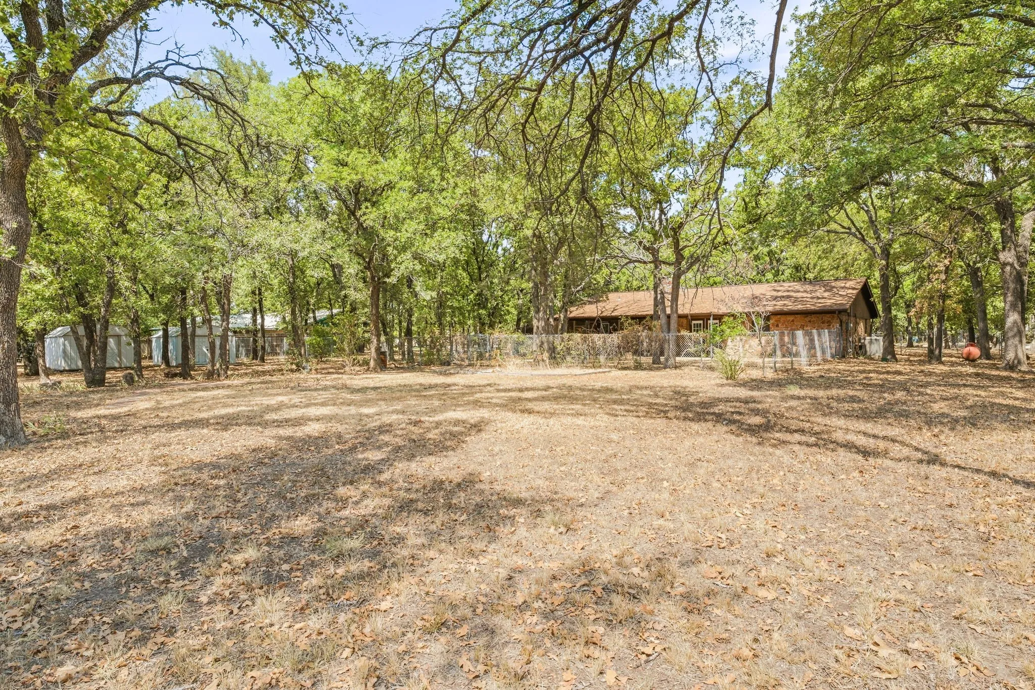 Extensive natural landscaping with mature trees and a fenced perimeter