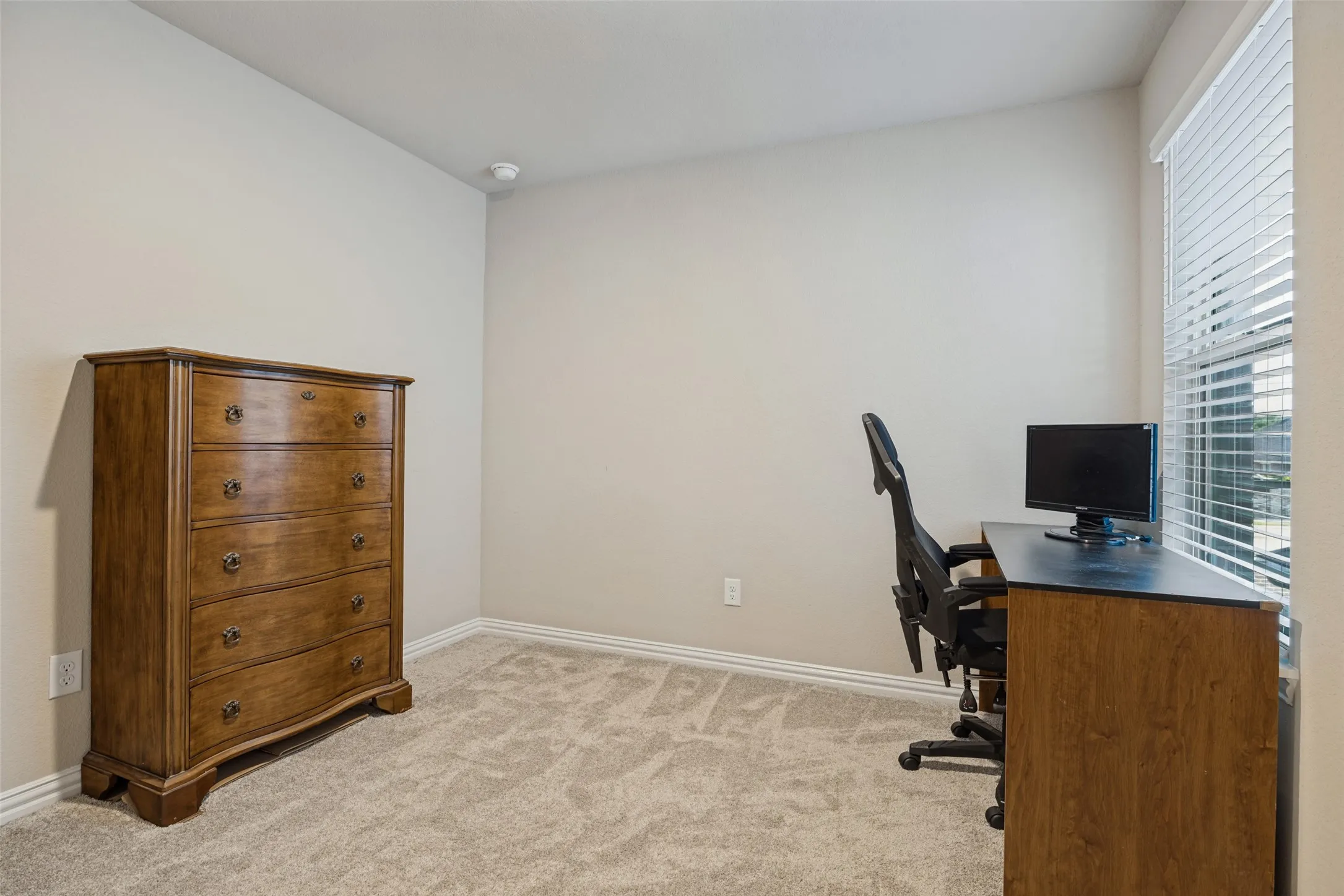Neutral tone wall paint, textured carpet flooring, and window with horizontal blinds