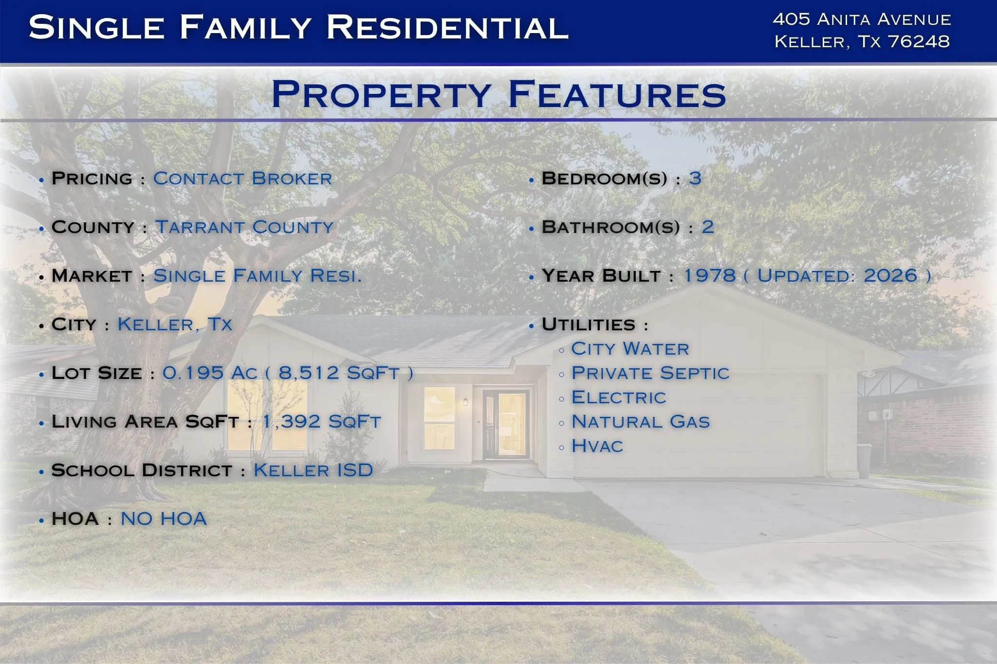 Single Family Residence For Sale in Tarrant County , 405 Anita Avenue, Keller, Texas 76248, 3 Bedroom, 2 Bathroom, 2 Garage spaces, 1,392 Sqft, built in 1978, mls#21389774, Real Estate Agent in Keller, Homes For Sale in Tarrant county, Homes For Sale in Keller, Realtor in Keller Texas, Real Estate Brokerage Independent Realty Texas, Luminita Cordes Realtor