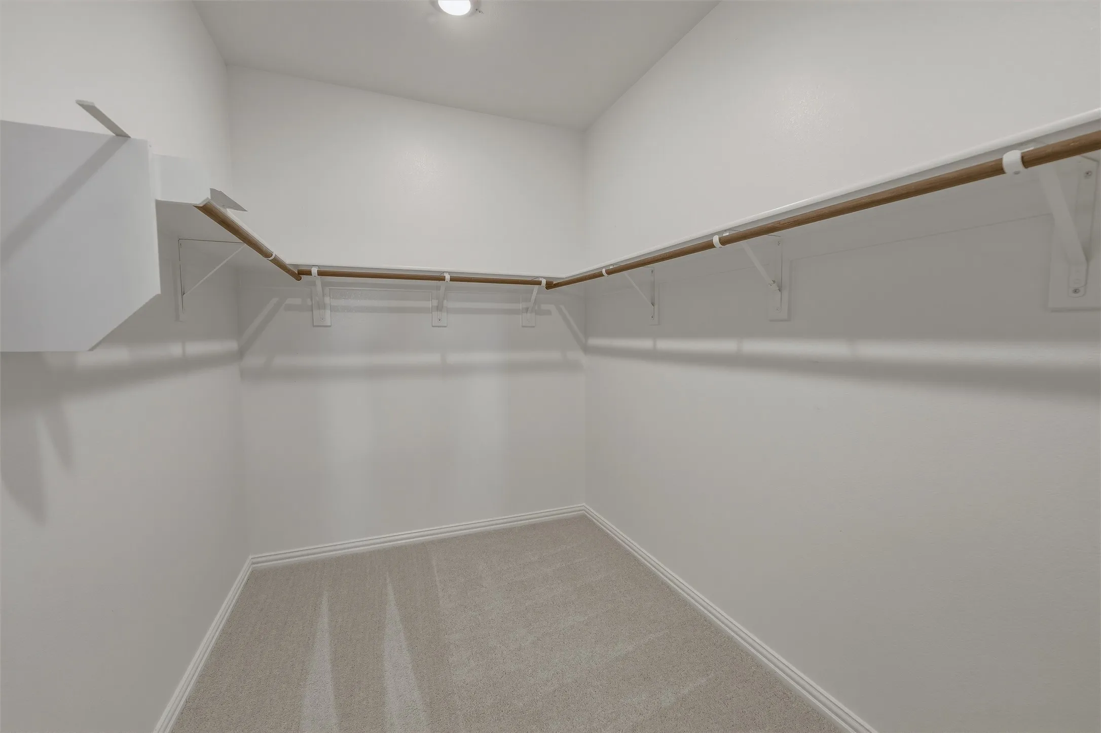 Spacious walk-in closet featuring light gray carpet, white baseboards, and built-in white shelving with a wood-finish hanging rod