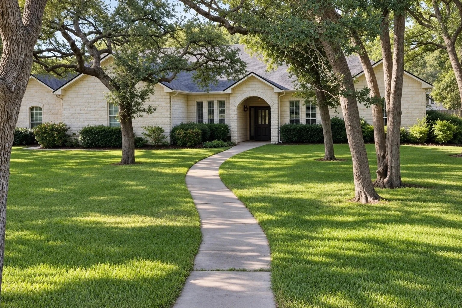 Stone facade residence with a dark roof and an arched entryway