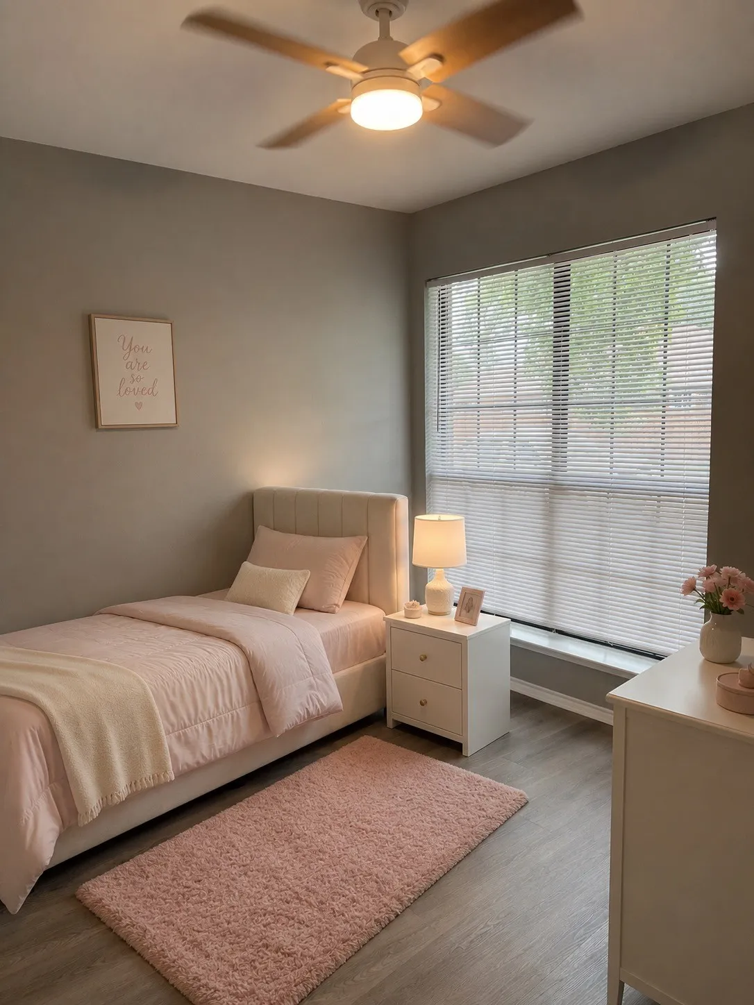 Wood-finish flooring with a neutral wall color, large window with blinds, and a ceiling fan with integrated lighting