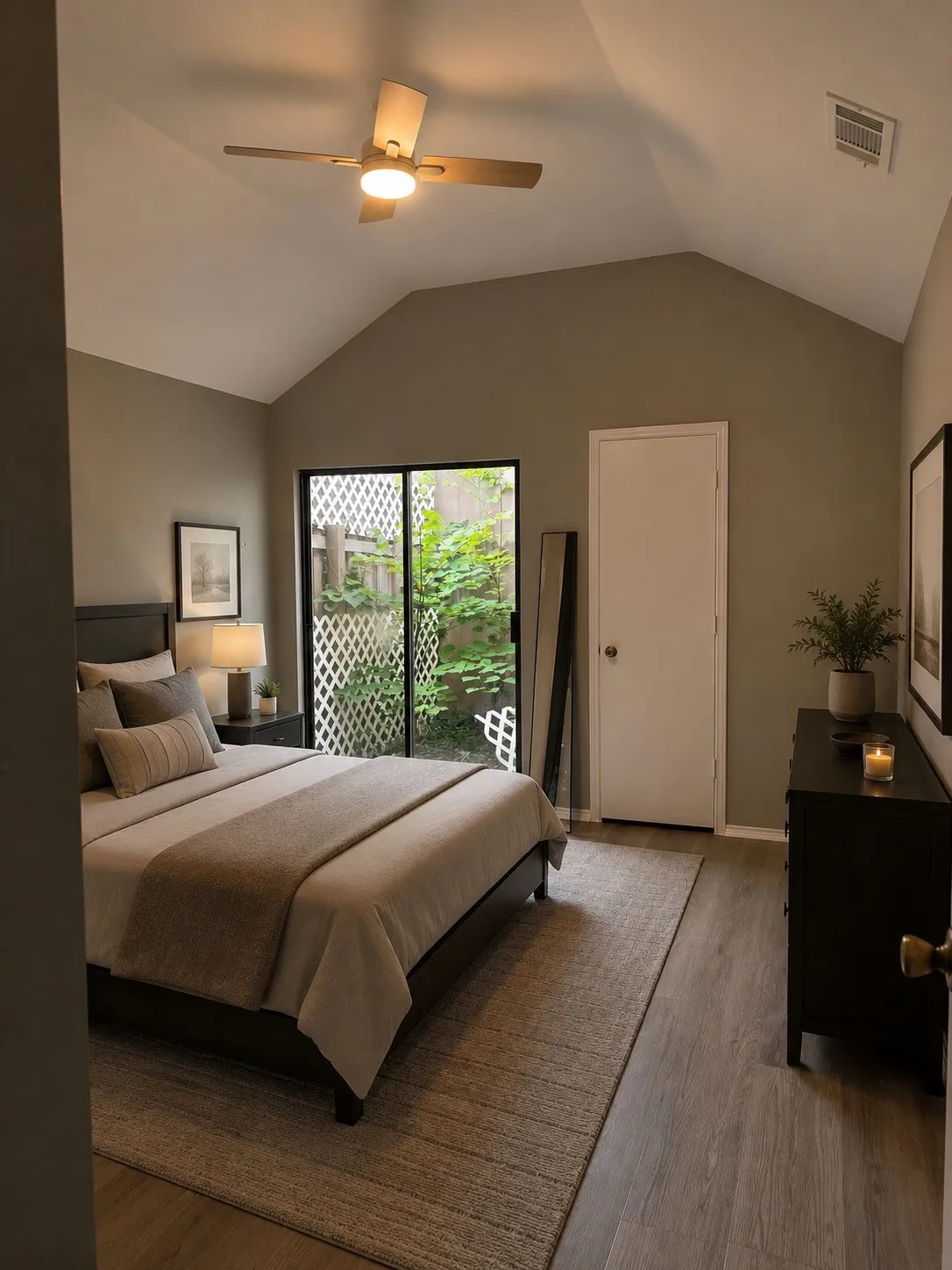 Vaulted ceiling with an attached ceiling fan, large glass sliding door, and wood-finish flooring