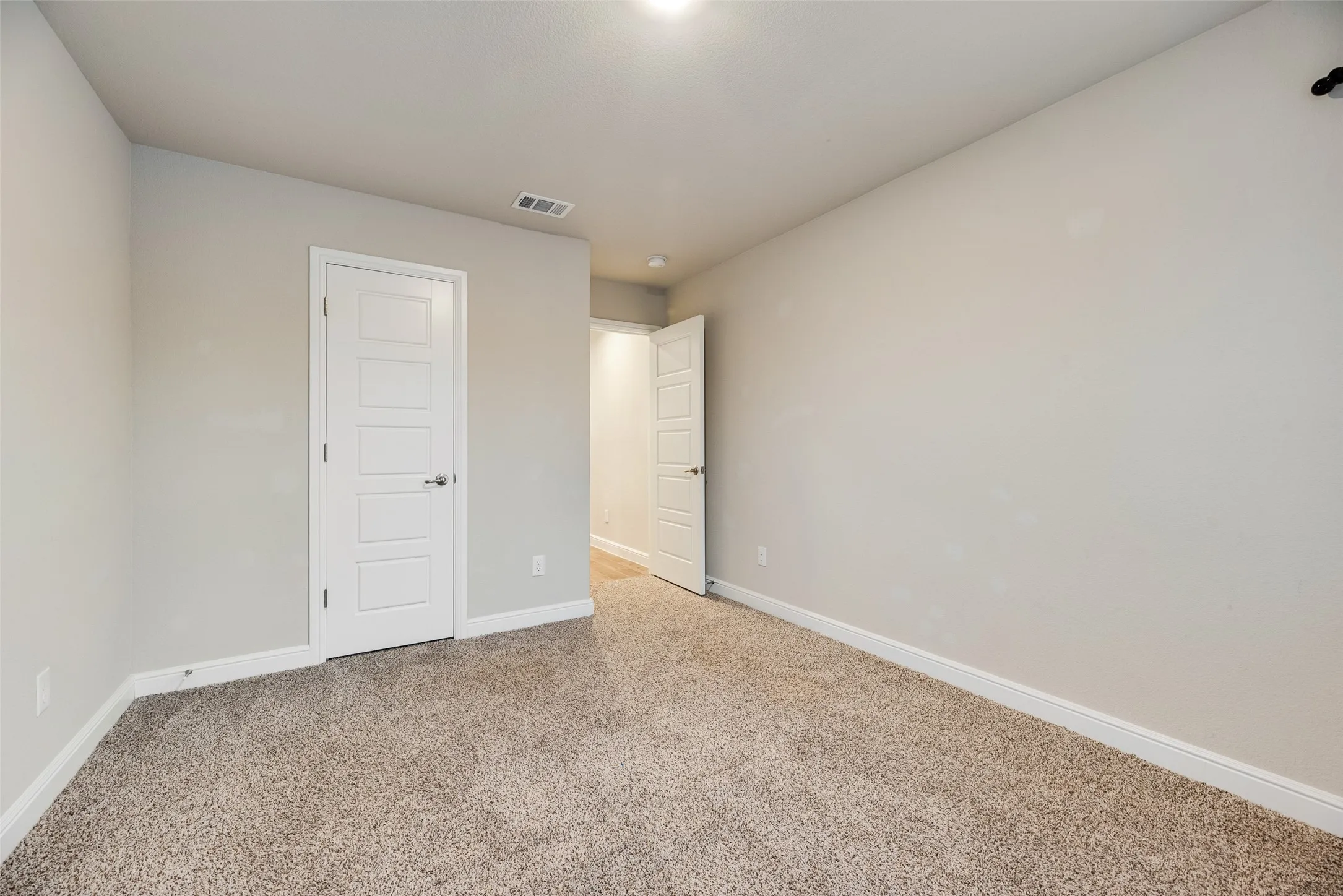 Neutral wall finishes, textured carpet flooring, contemporary interior doors, and overhead lighting