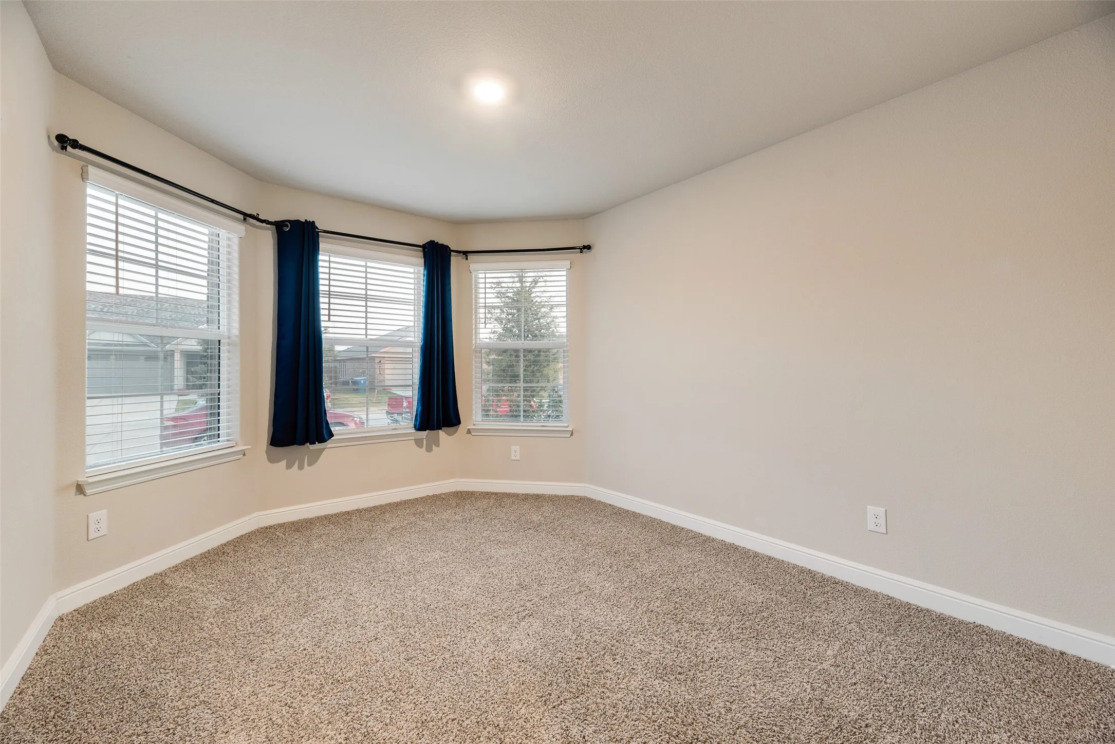 Bay window with multiple double-hung windows, carpeted flooring, and neutral wall paint