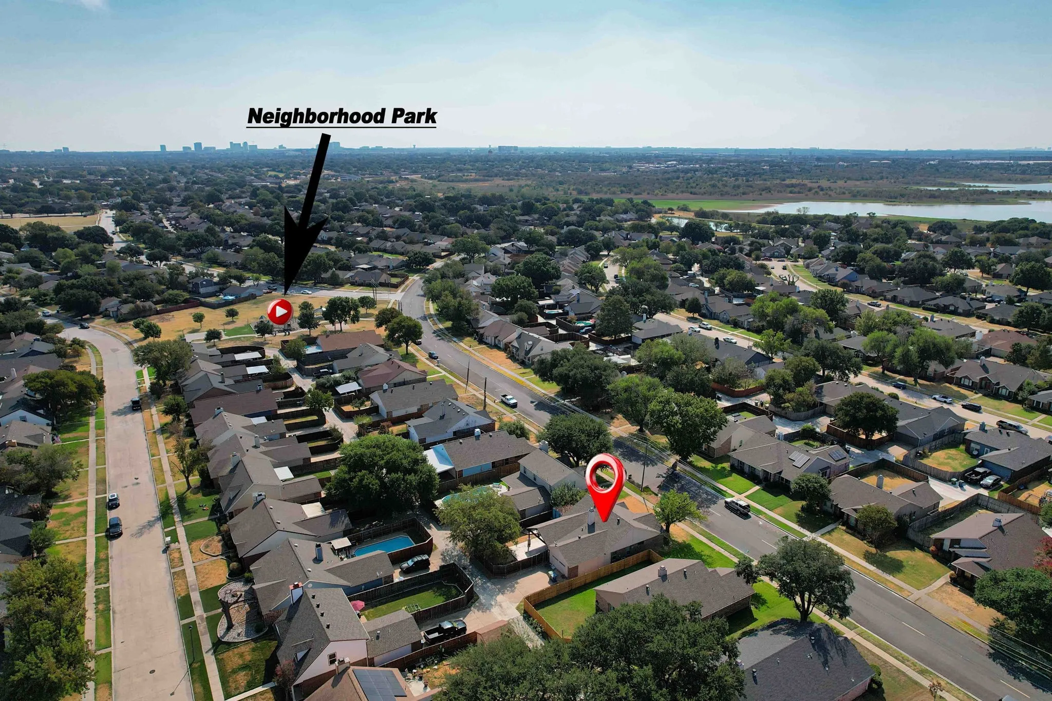 Aerial perspective showcasing the residential neighborhood with Friendship Park just down the street!